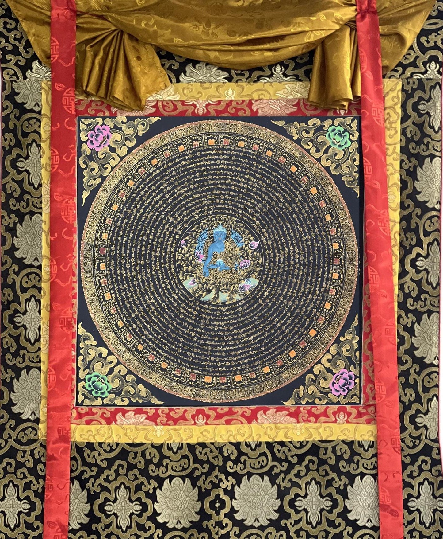 OM Mantra Mandala Art | Tibetan Thangka Wall Hanging from Nepal | Sacred Meditation Painting for Good Luck & Home Blessings - Tibetan Thangka Art
