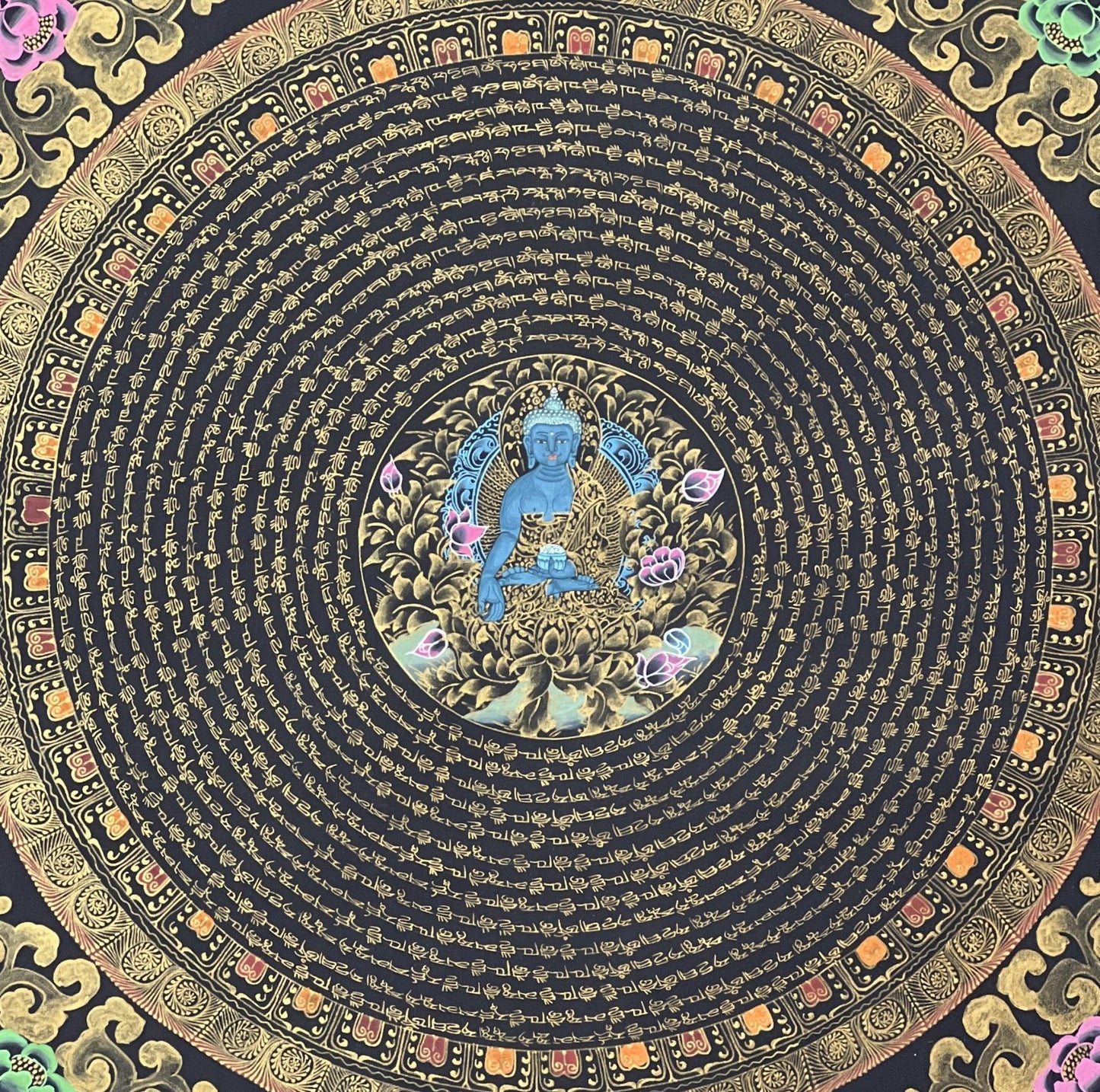 OM Mantra Mandala Art | Tibetan Thangka Wall Hanging from Nepal | Sacred Meditation Painting for Good Luck & Home Blessings - Tibetan Thangka Art