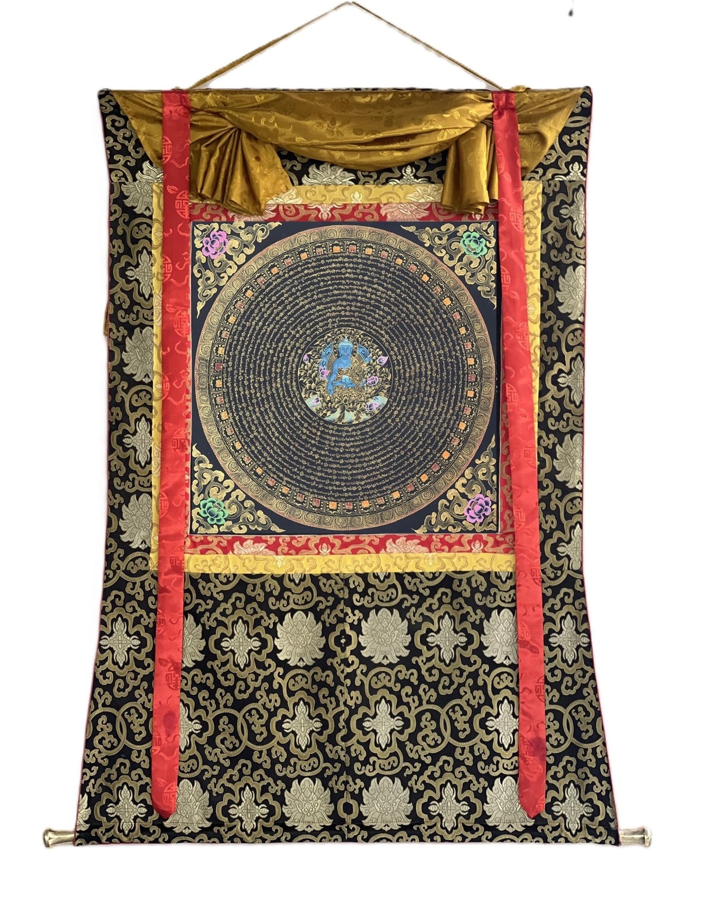 OM Mantra Mandala Art | Tibetan Thangka Wall Hanging from Nepal | Sacred Meditation Painting for Good Luck & Home Blessings - Tibetan Thangka Art