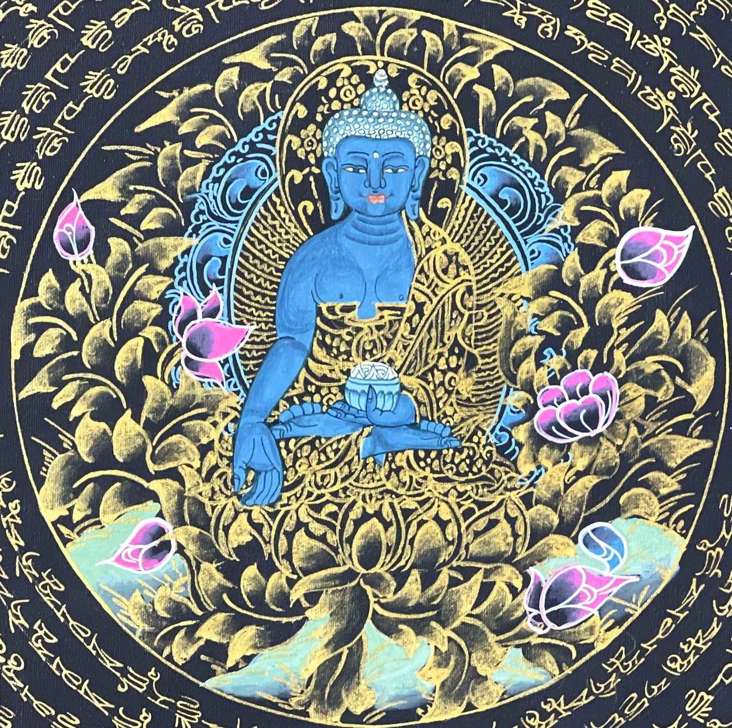 OM Mantra Mandala Art | Tibetan Thangka Wall Hanging from Nepal | Sacred Meditation Painting for Good Luck & Home Blessings - Tibetan Thangka Art