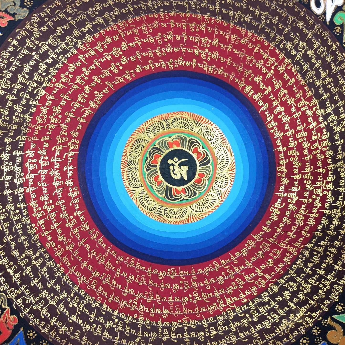 OM Mantra Mandala Art | Tibetan Thangka Wall Hanging from Nepal | Sacred Meditation Painting for Good Luck & Home Blessings - Tibetan Thangka Art