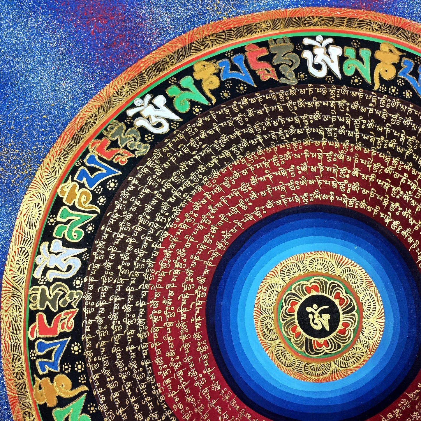 OM Mantra Mandala Art | Tibetan Thangka Wall Hanging from Nepal | Sacred Meditation Painting for Good Luck & Home Blessings - Tibetan Thangka Art