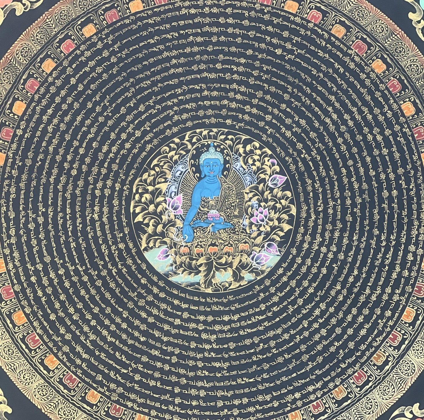 OM Mantra Mandala Art | Tibetan Thangka Wall Hanging from Nepal | Sacred Meditation Painting for Good Luck & Home Blessings - Tibetan Thangka Art
