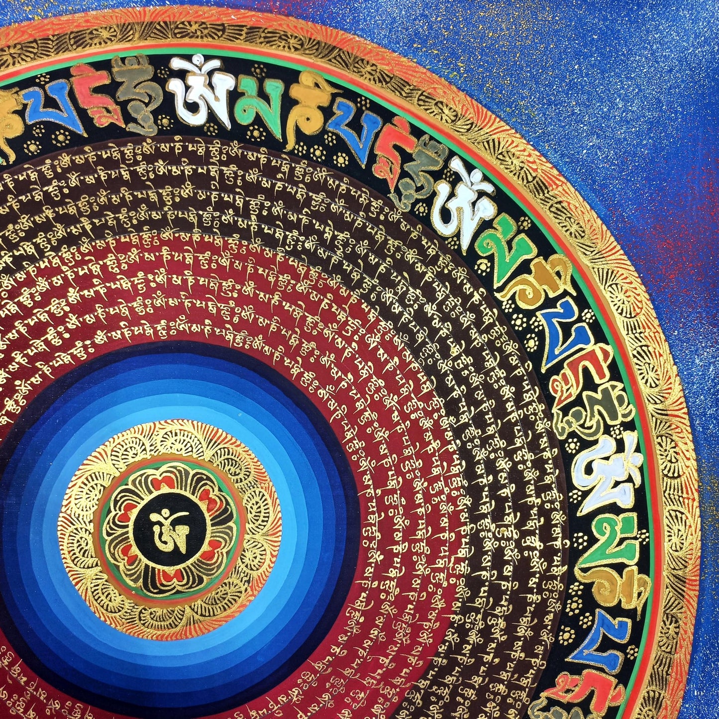 OM Mantra Mandala Art | Tibetan Thangka Wall Hanging from Nepal | Sacred Meditation Painting for Good Luck & Home Blessings - Tibetan Thangka Art