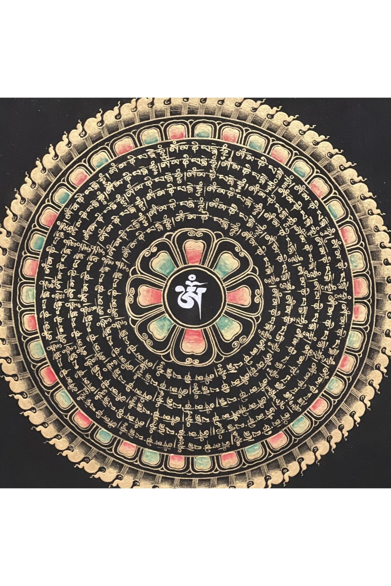 Om Mantra Mandala Black and Gold Tibetan Thangka Painting Original Hand Painted Buddhist Meditation Art - Tibetan Thangka Art