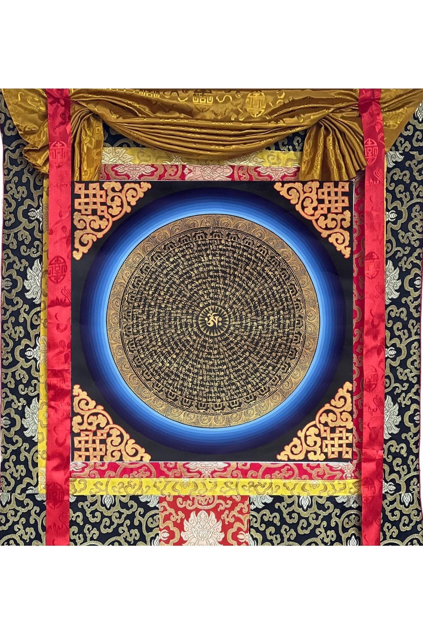 Om Mantra Mandala Tibetan Thangka Painting/ Original Hand - Painting/ Buddhist Art for Meditation /Wall Hanging with Silk Brocade - Tibetan Thangka Art