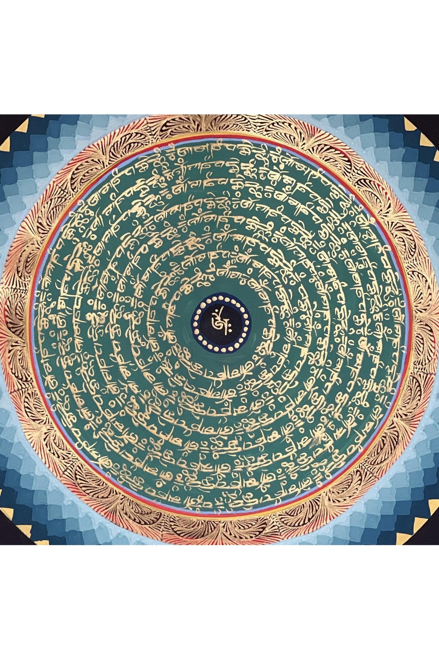 OM/ Om Mani Padme Hum Mantra Mandala Tibetan Thangka Painting Original Hand - Painted Meditation Art with Silk Brocade - Tibetan Thangka Art
