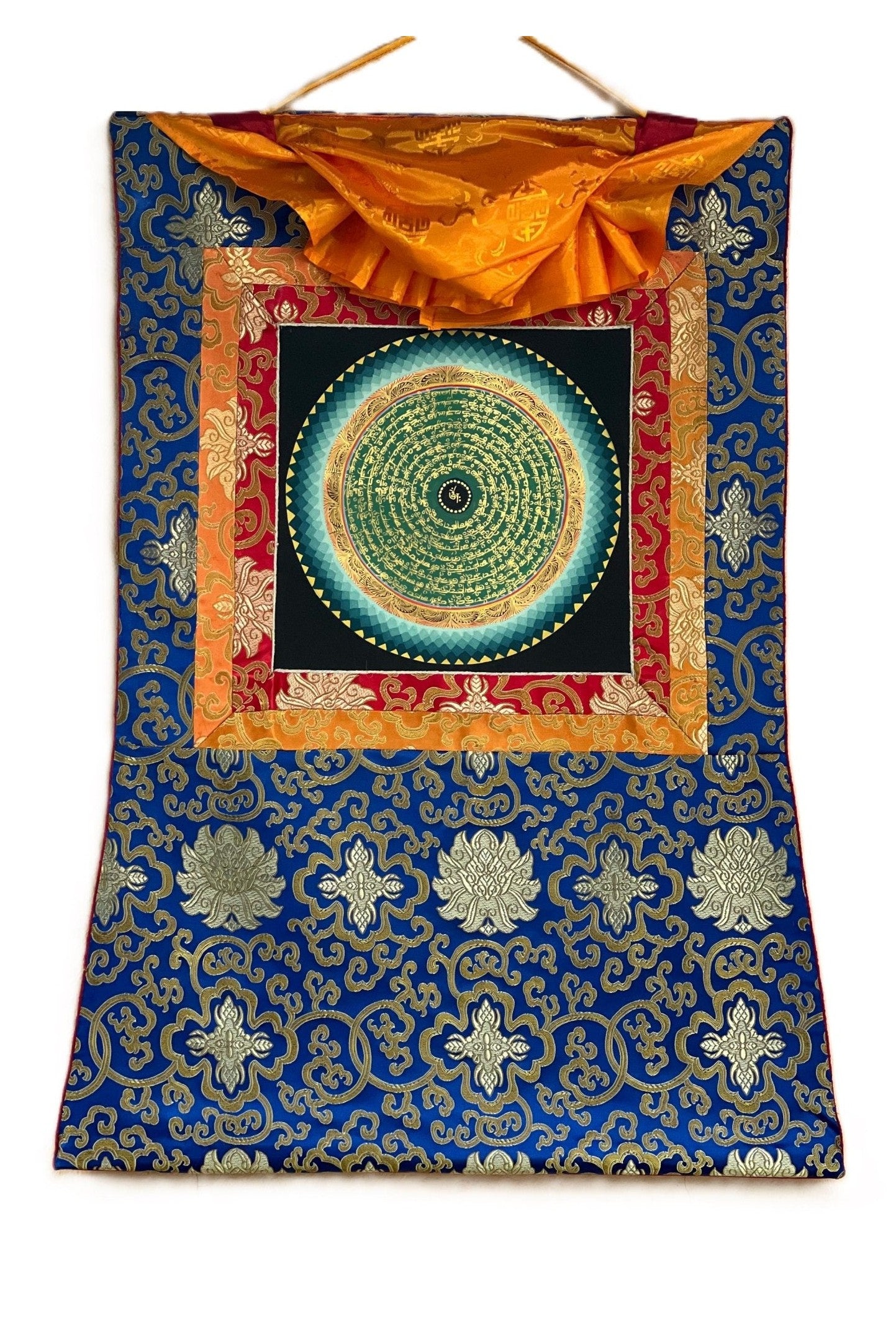 OM/ Om Mani Padme Hum Mantra Mandala Tibetan Thangka Painting Original Hand - Painted Meditation Art with Silk Brocade - Tibetan Thangka Art