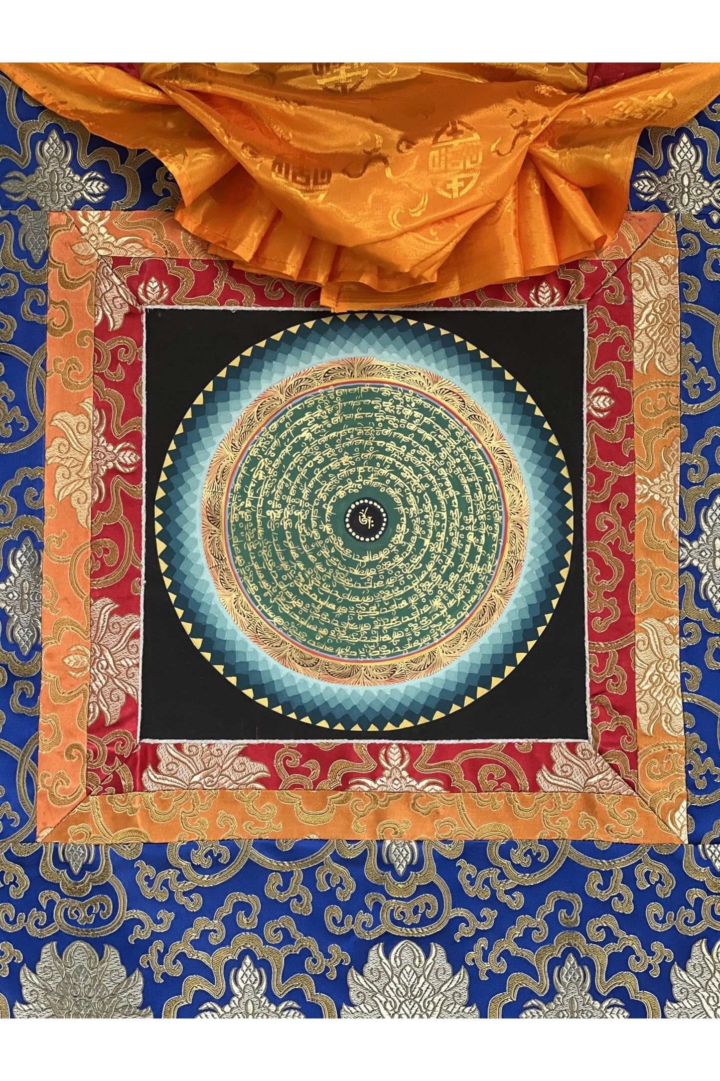 OM/ Om Mani Padme Hum Mantra Mandala Tibetan Thangka Painting Original Hand - Painted Meditation Art with Silk Brocade - Tibetan Thangka Art