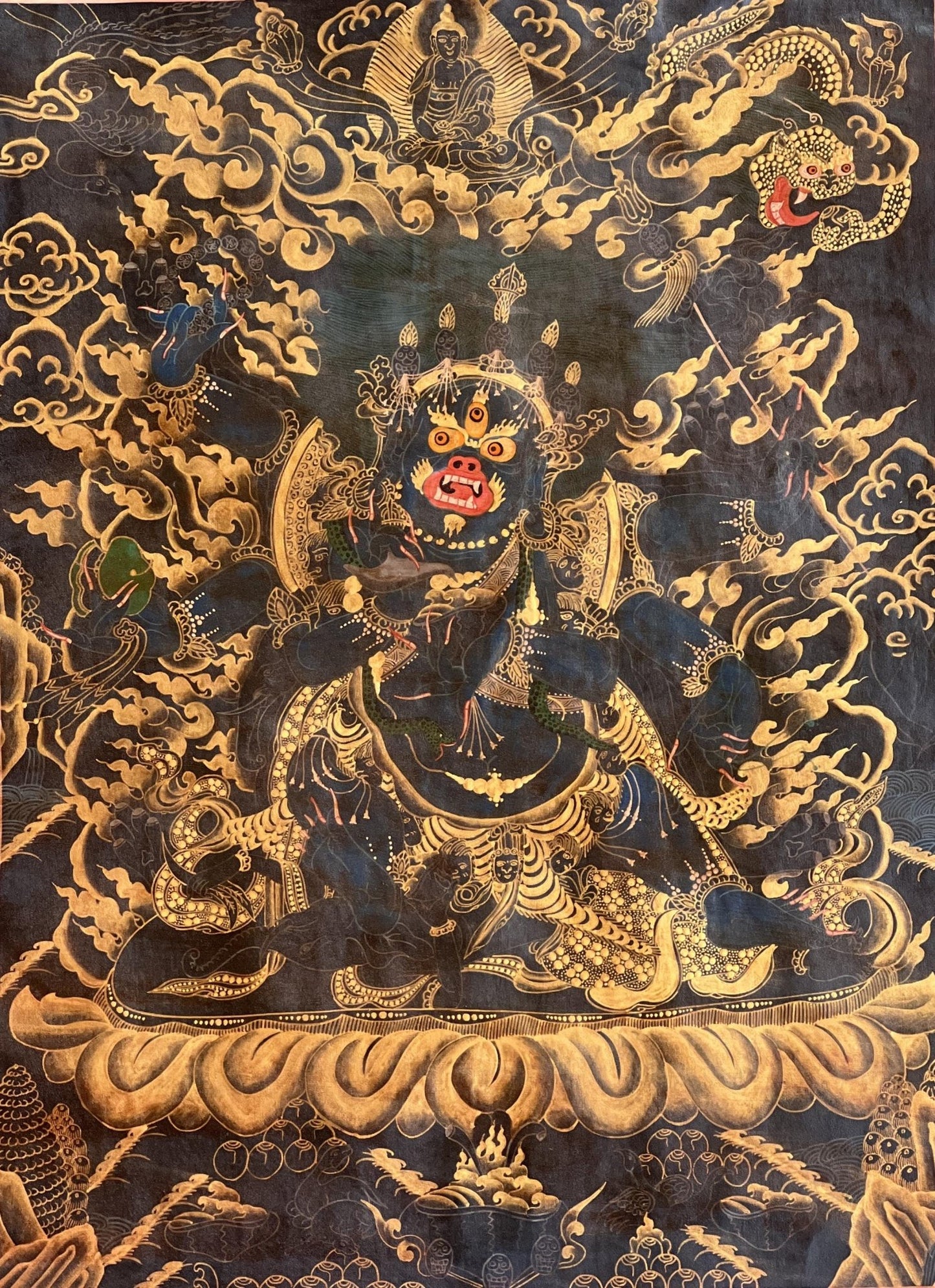 Original Hand Painted 6 Armed Semi Wrathful Mahakala/ Mahankala/ Kala Bhairabha Black and Gold Tibetan Thangka Painting/ Buddhist Tantra Art - Tibetan Thangka Art