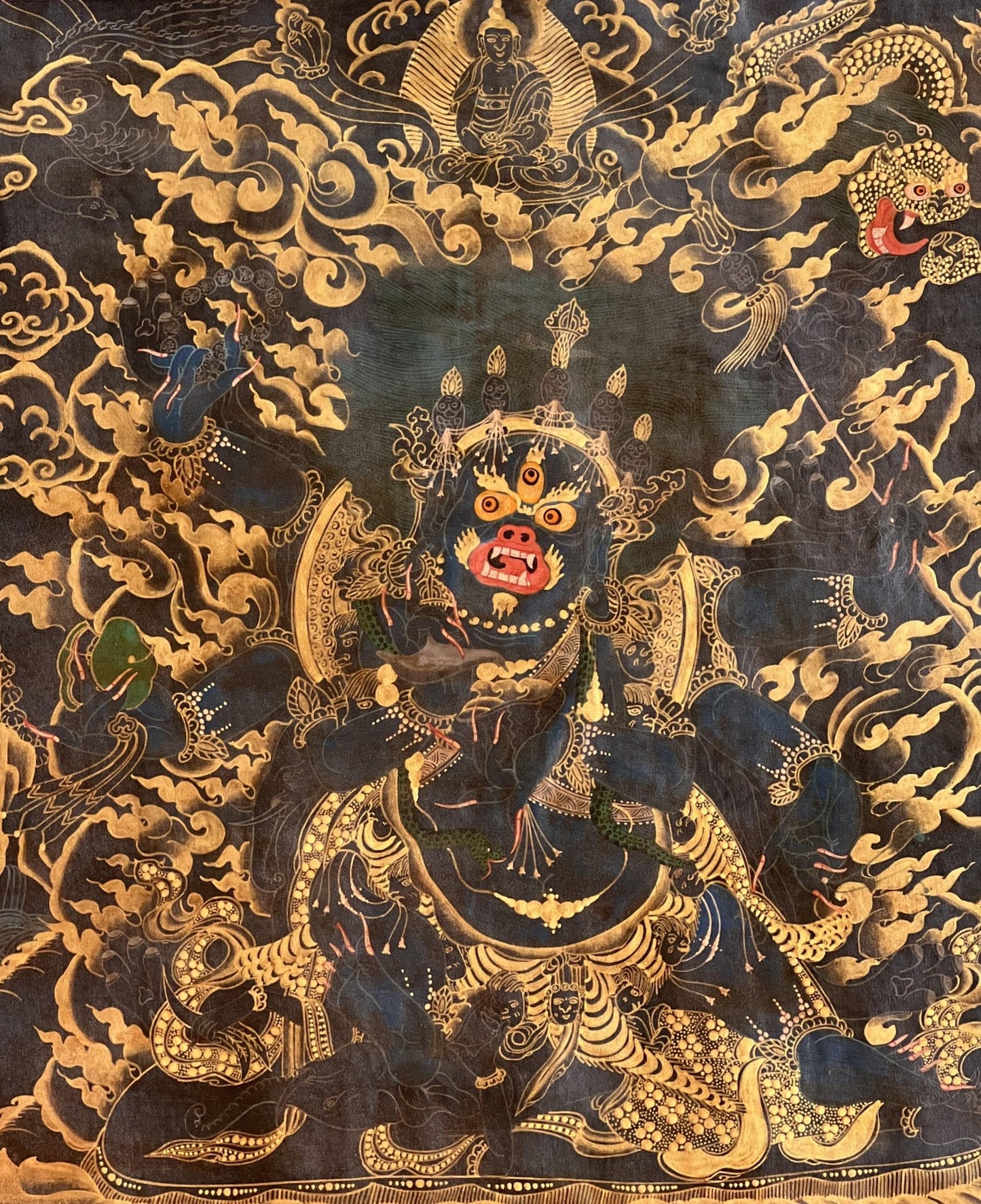 Original Hand Painted 6 Armed Semi Wrathful Mahakala/ Mahankala/ Kala Bhairabha Black and Gold Tibetan Thangka Painting/ Buddhist Tantra Art - Tibetan Thangka Art