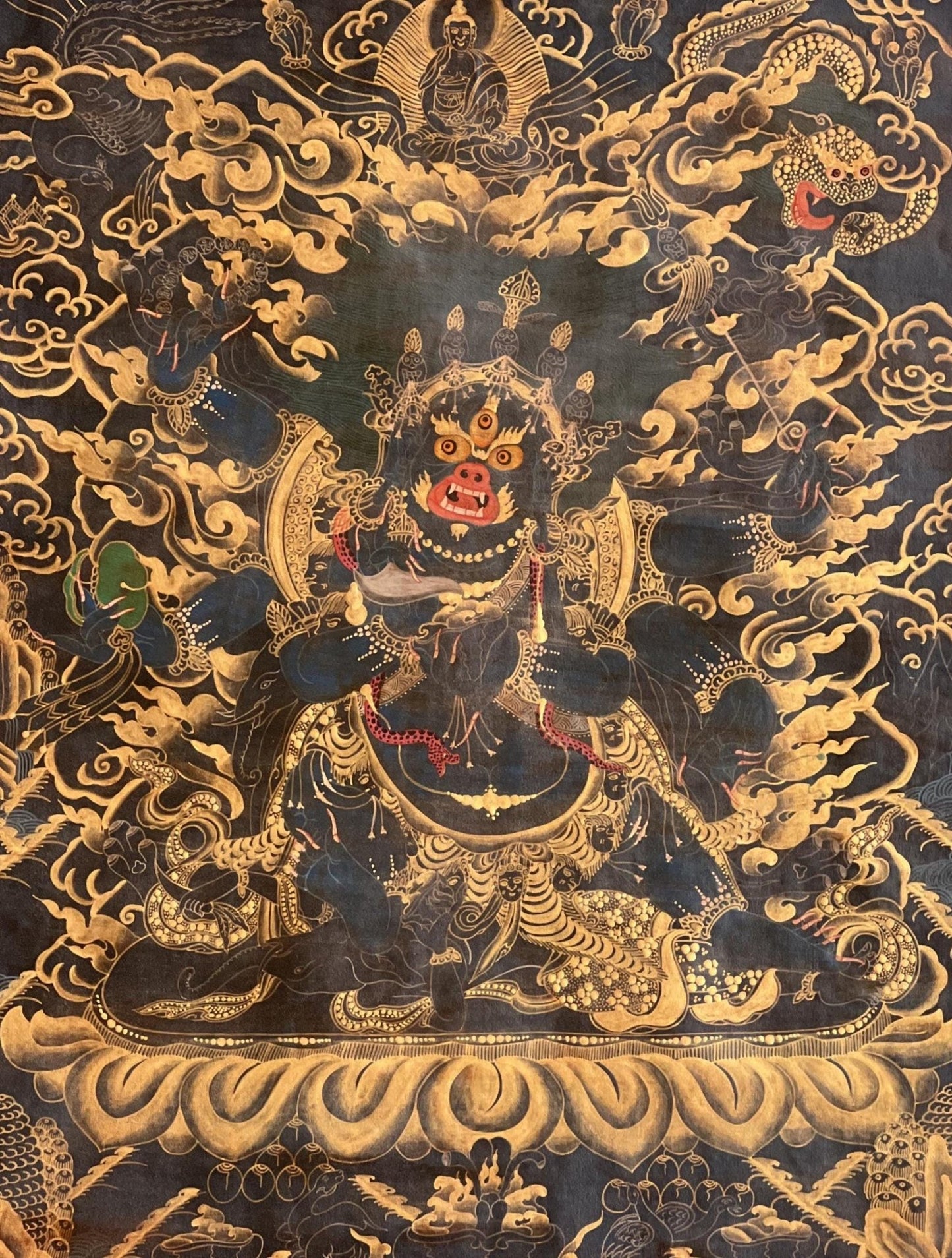 Original Hand Painted 6 Armed Semi Wrathful Mahakala/ Mahankala/ Kala Bhairabha Black and Gold Tibetan Thangka Painting/ Buddhist Tantra Art - Tibetan Thangka Art