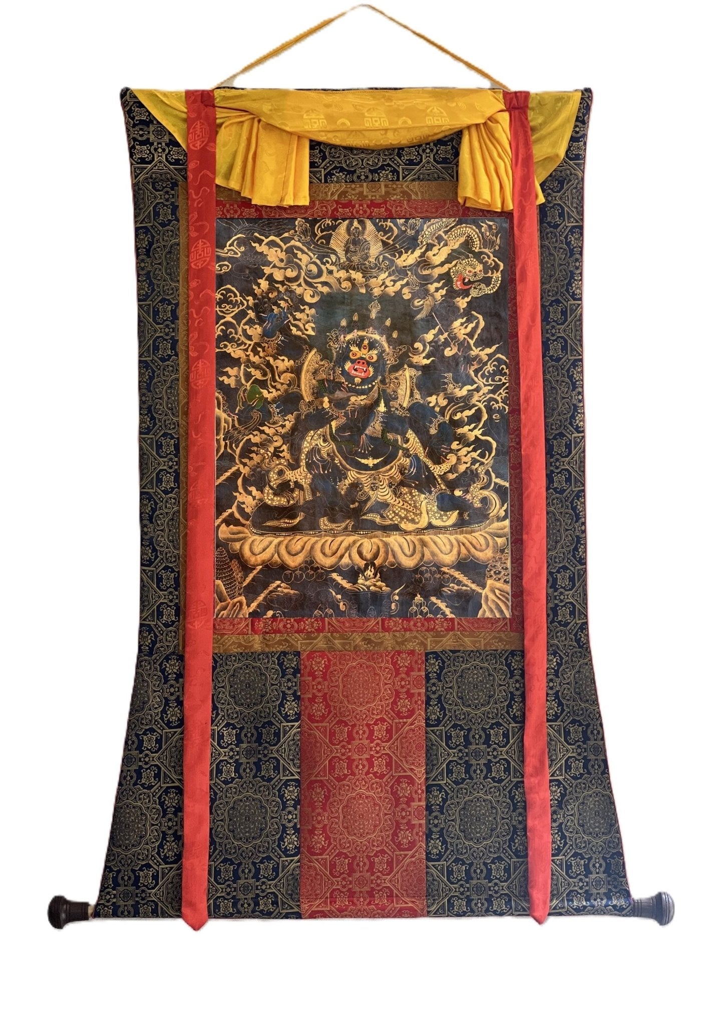 Original Hand Painted 6 Armed Semi Wrathful Mahakala/ Mahankala/ Kala Bhairabha Black and Gold Tibetan Thangka Painting/ Buddhist Tantra Art - Tibetan Thangka Art