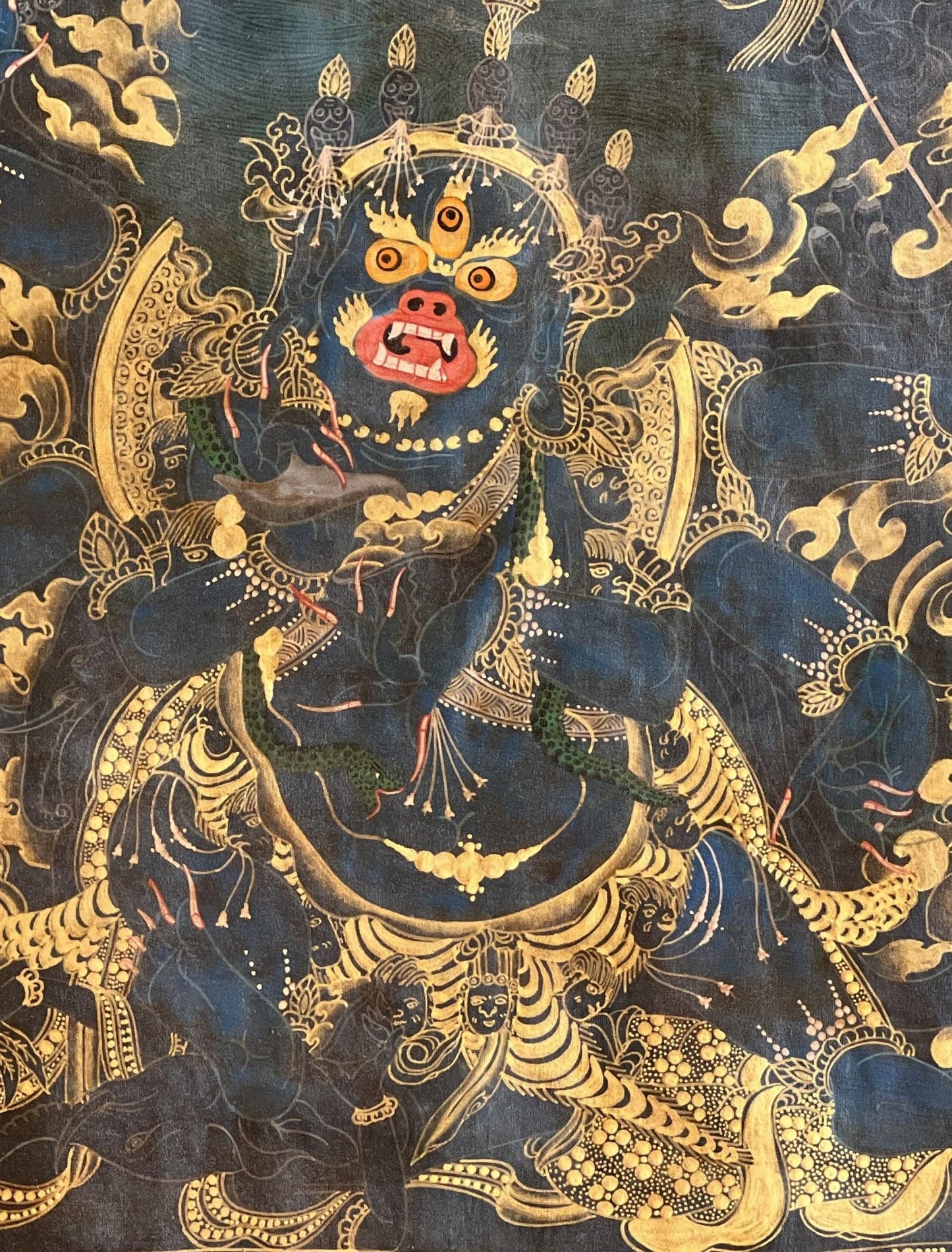 Original Hand Painted 6 Armed Semi Wrathful Mahakala/ Mahankala/ Kala Bhairabha Black and Gold Tibetan Thangka Painting/ Buddhist Tantra Art - Tibetan Thangka Art