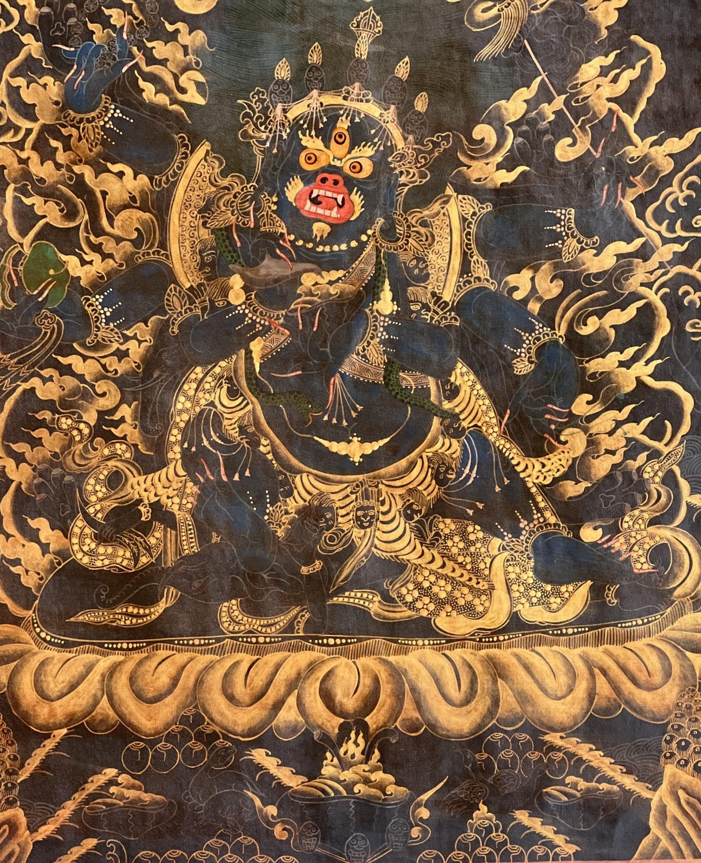 Original Hand Painted 6 Armed Semi Wrathful Mahakala/ Mahankala/ Kala Bhairabha Black and Gold Tibetan Thangka Painting/ Buddhist Tantra Art - Tibetan Thangka Art