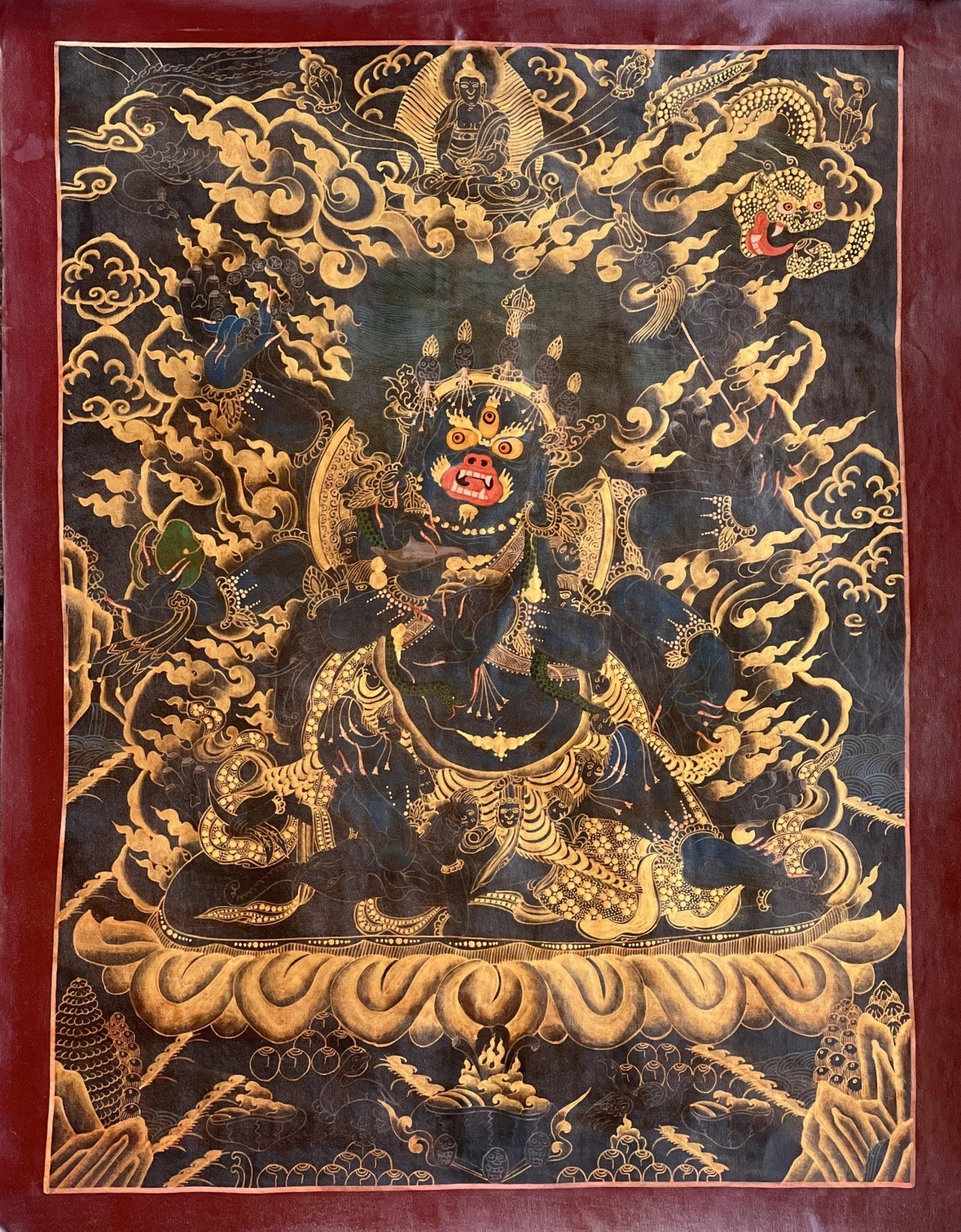 Original Hand Painted 6 Armed Semi Wrathful Mahakala/ Mahankala/ Kala Bhairabha Black and Gold Tibetan Thangka Painting/ Buddhist Tantra Art - Tibetan Thangka Art