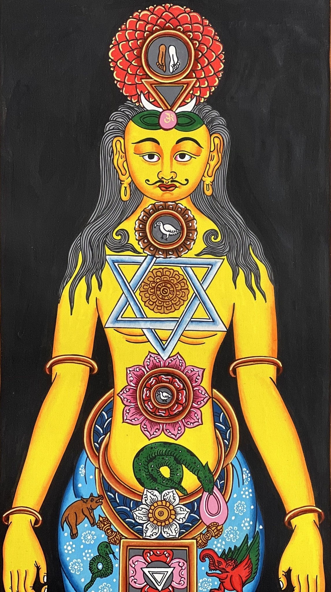 Original Hand - painted 7 Chakra/ Kundalini Chakra/ Body Chakra/ Energy Healing/ Yogic Chakra Tibetan Thangka Panting with Cotton Brocade - Tibetan Thangka Art