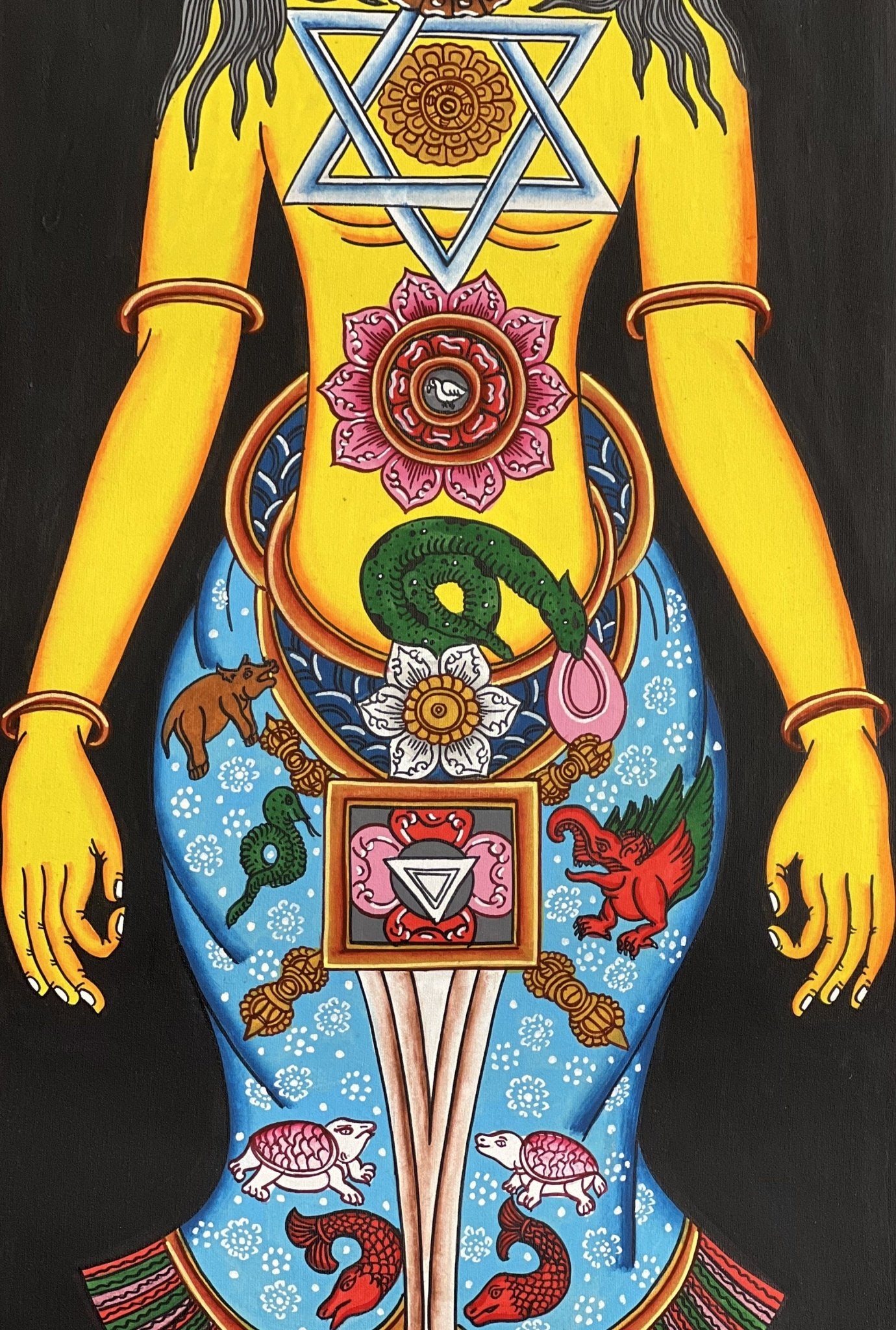 Original Hand - painted 7 Chakra/ Kundalini Chakra/ Body Chakra/ Energy Healing/ Yogic Chakra Tibetan Thangka Panting with Cotton Brocade - Tibetan Thangka Art