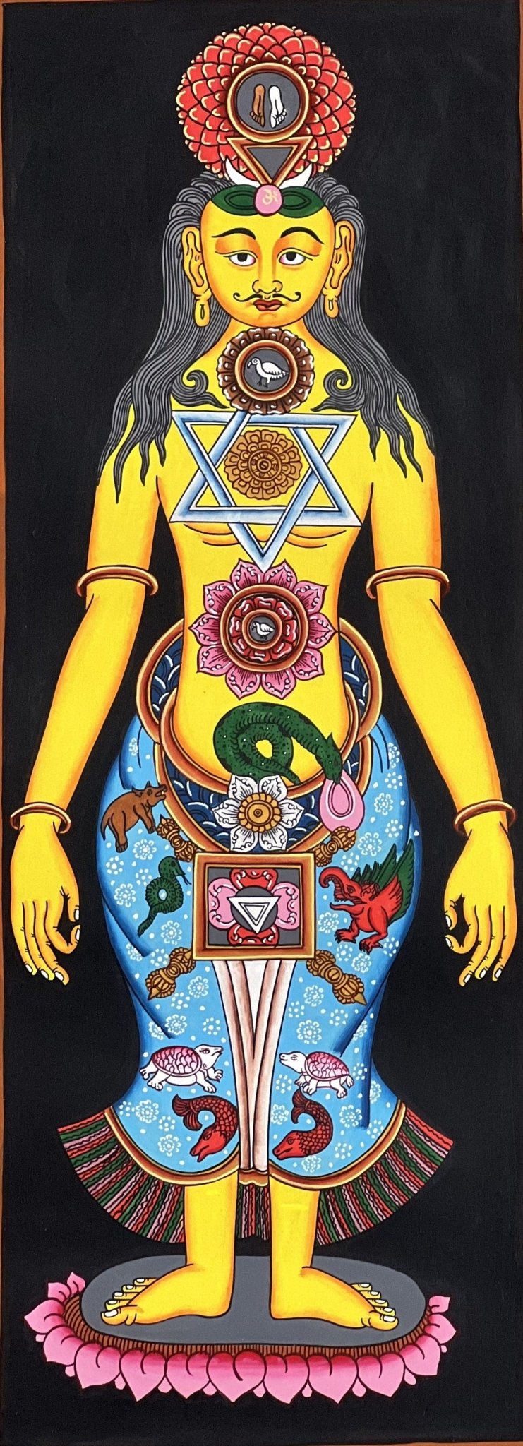 Original Hand - painted 7 Chakra/ Kundalini Chakra/ Body Chakra/ Energy Healing/ Yogic Chakra Tibetan Thangka Panting with Cotton Brocade - Tibetan Thangka Art