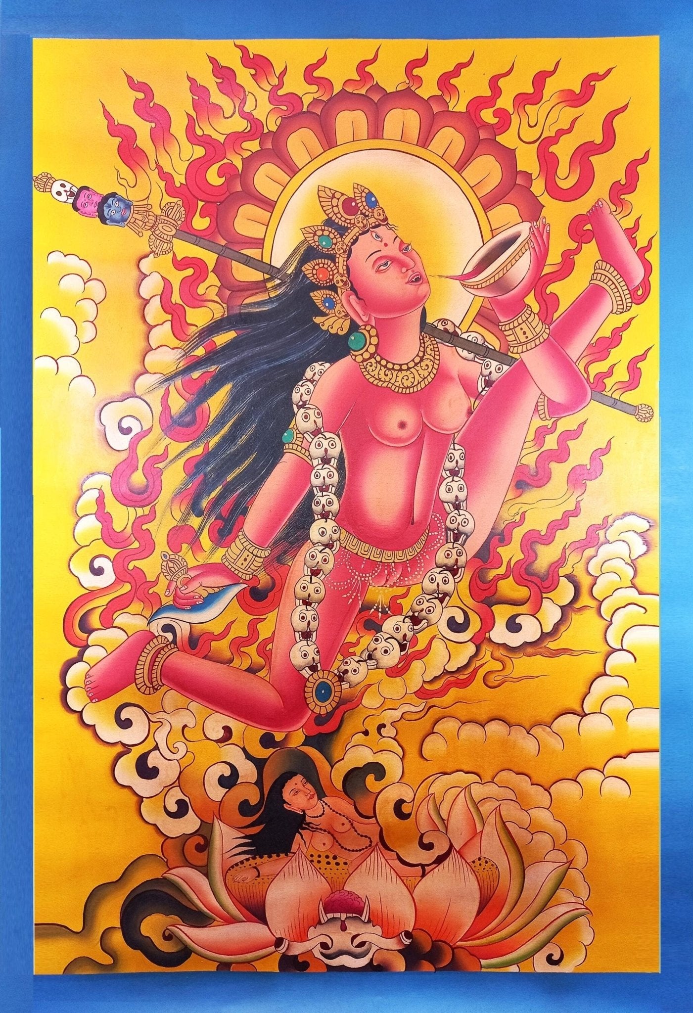 Original Hand - painted Akash Yogini /Jogini Original Masterpiece Newari Paubha Style Smoky Tibetan Thangka Painting /Tantra Art From Nepal - Tibetan Thangka Art