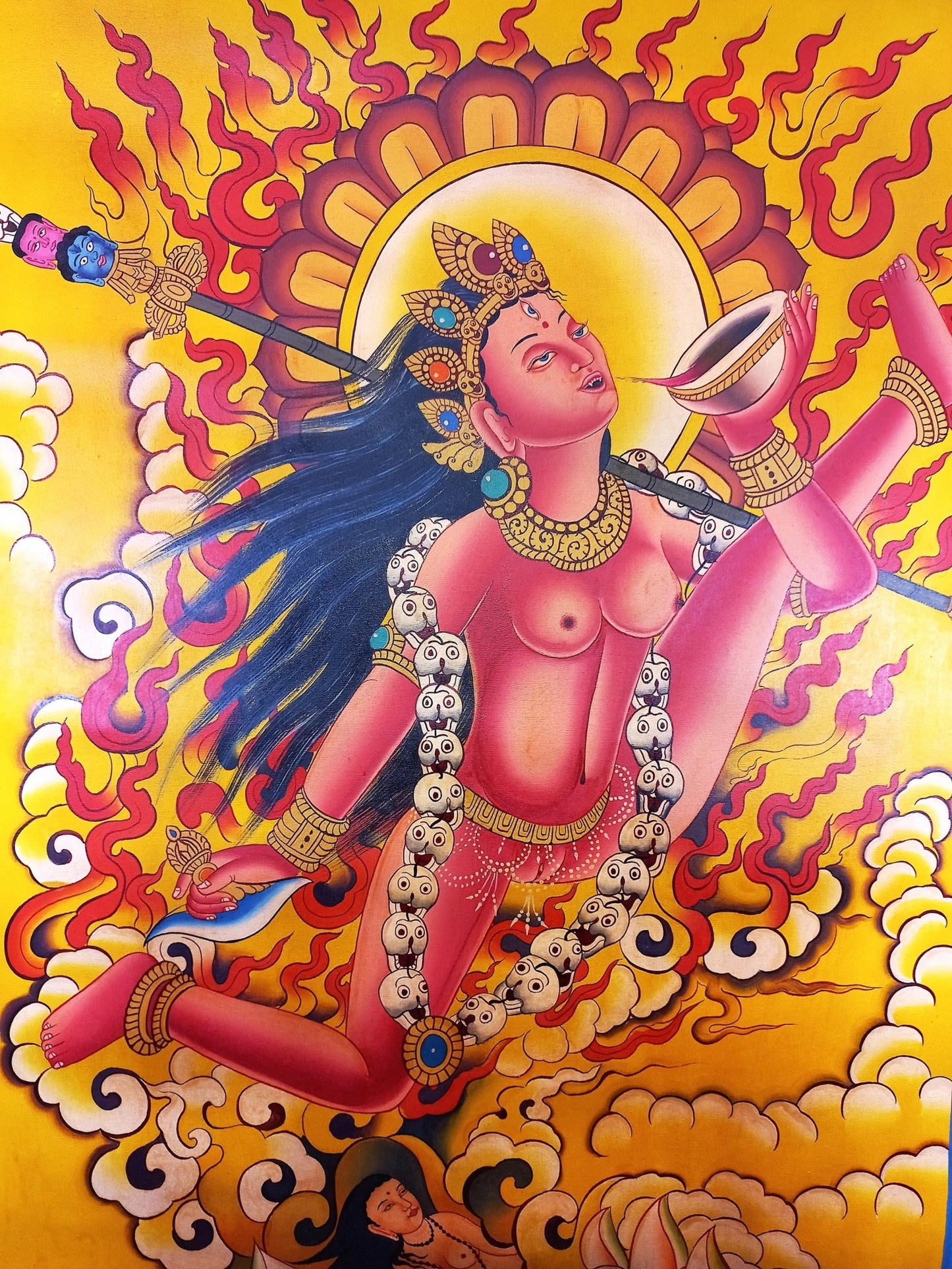 Original Hand - painted Akash Yogini /Jogini Original Masterpiece Newari Paubha Style Smoky Tibetan Thangka Painting /Tantra Art From Nepal - Tibetan Thangka Art