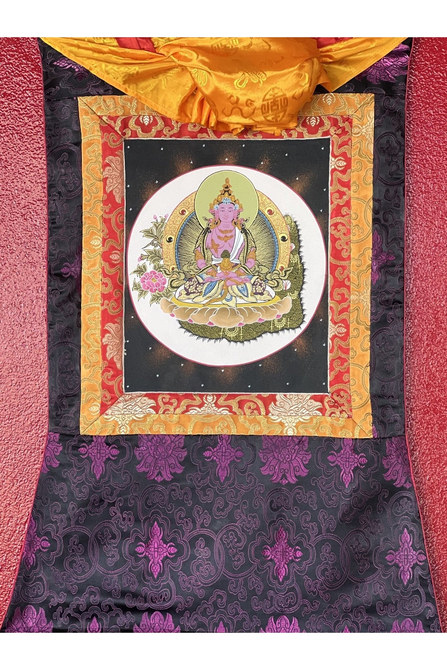 Original Hand Painted Amitayus/Amitabha Buddha/ Pure Land (Sukhavati) Tibetan Thangka Painting/ Wall Hanging with Silk Brocade - Tibetan Thangka Art