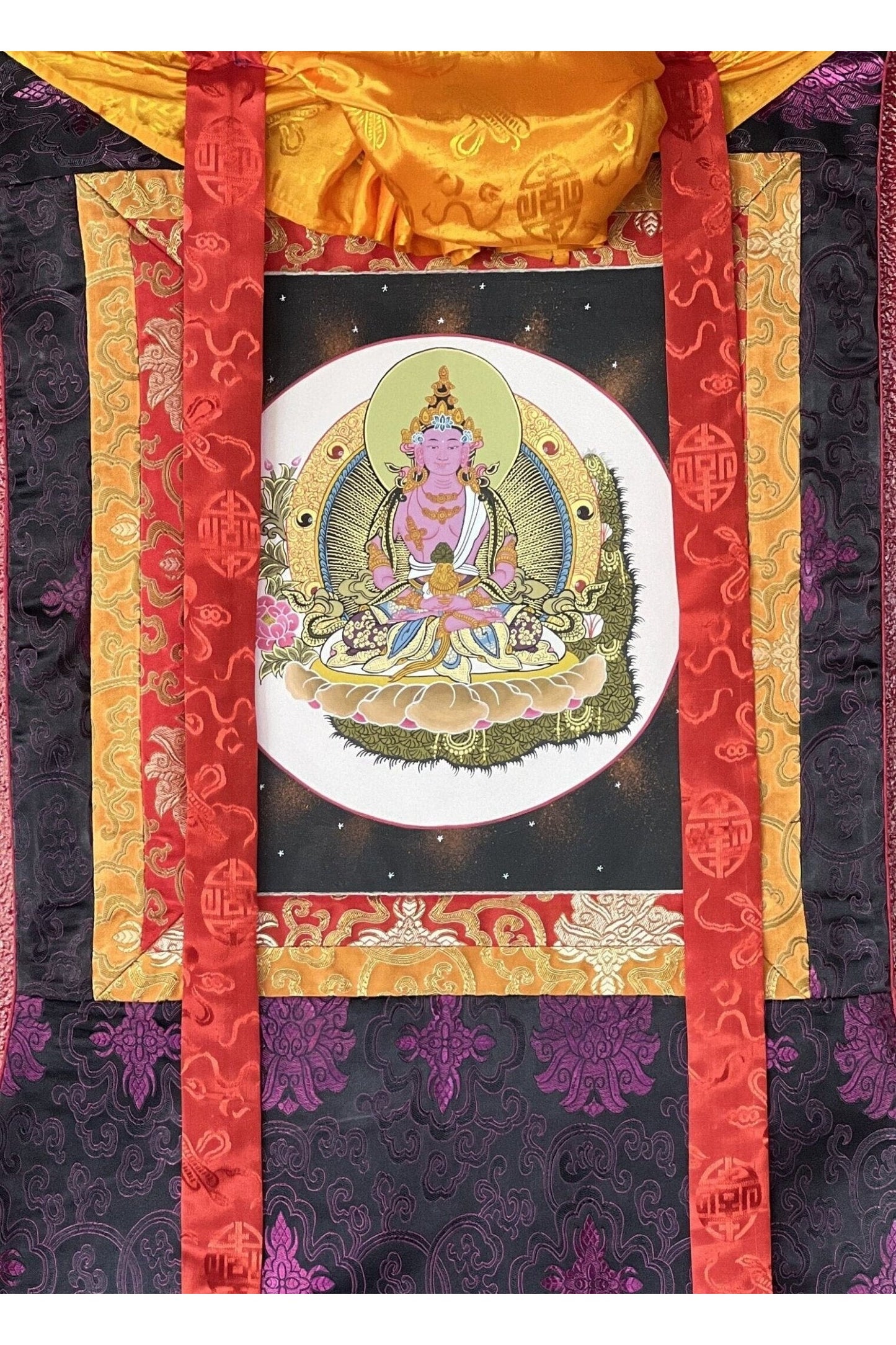 Original Hand Painted Amitayus/Amitabha Buddha/ Pure Land (Sukhavati) Tibetan Thangka Painting/ Wall Hanging with Silk Brocade - Tibetan Thangka Art