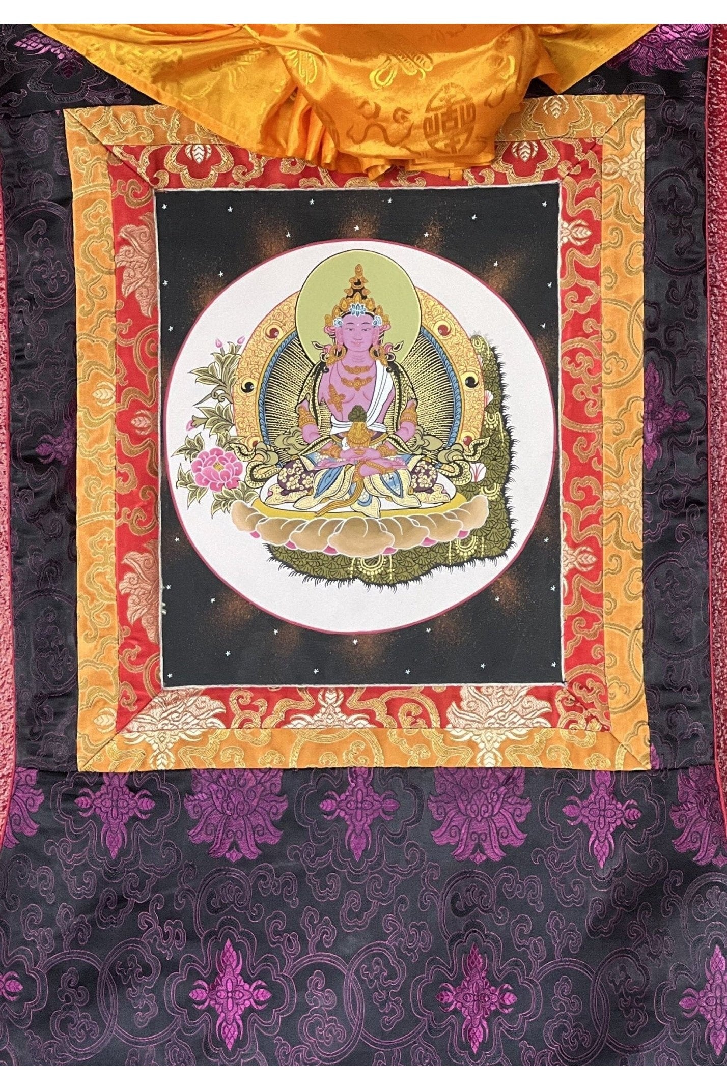 Original Hand Painted Amitayus/Amitabha Buddha/ Pure Land (Sukhavati) Tibetan Thangka Painting/ Wall Hanging with Silk Brocade - Tibetan Thangka Art