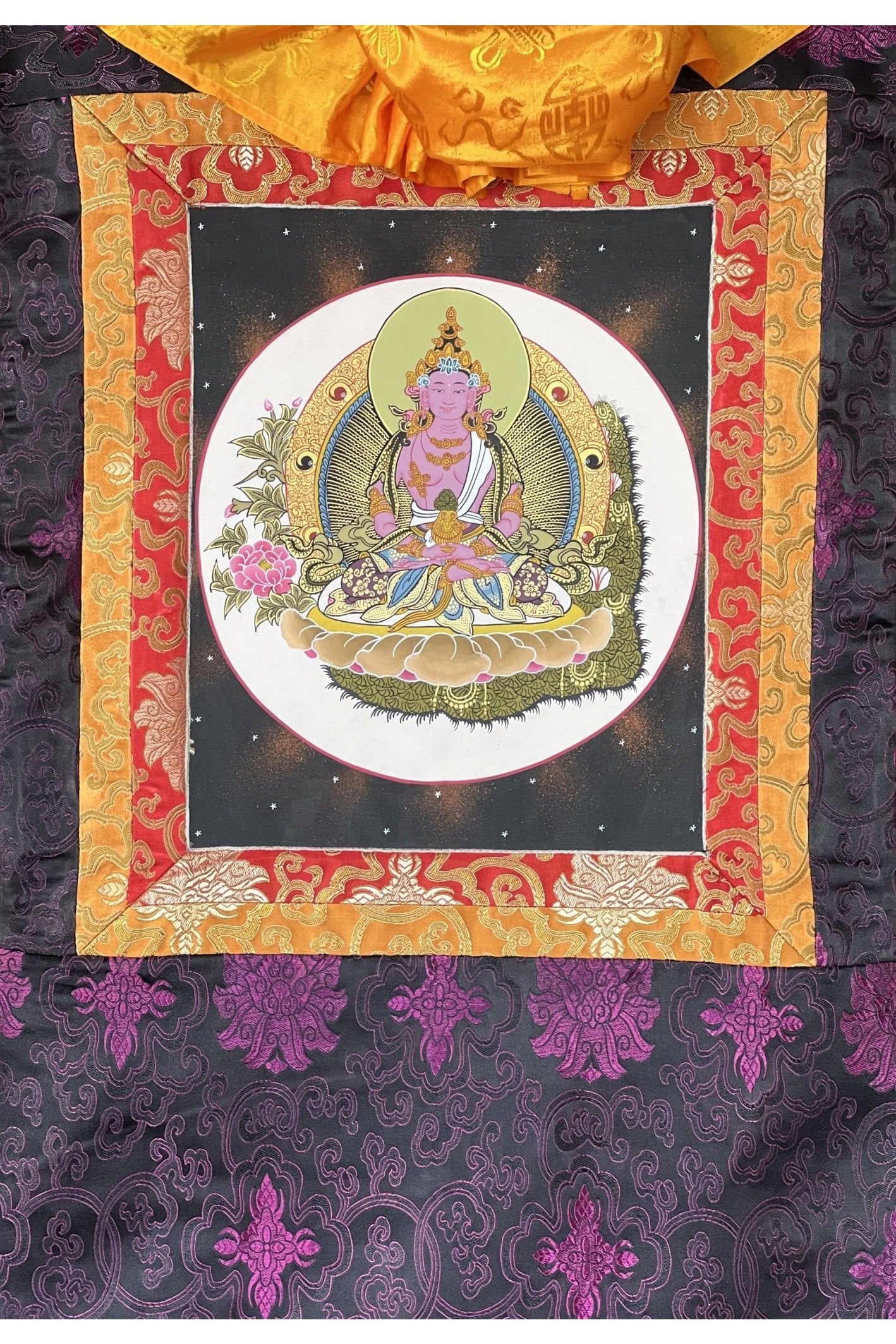 Original Hand Painted Amitayus/Amitabha Buddha/ Pure Land (Sukhavati) Tibetan Thangka Painting/ Wall Hanging with Silk Brocade - Tibetan Thangka Art