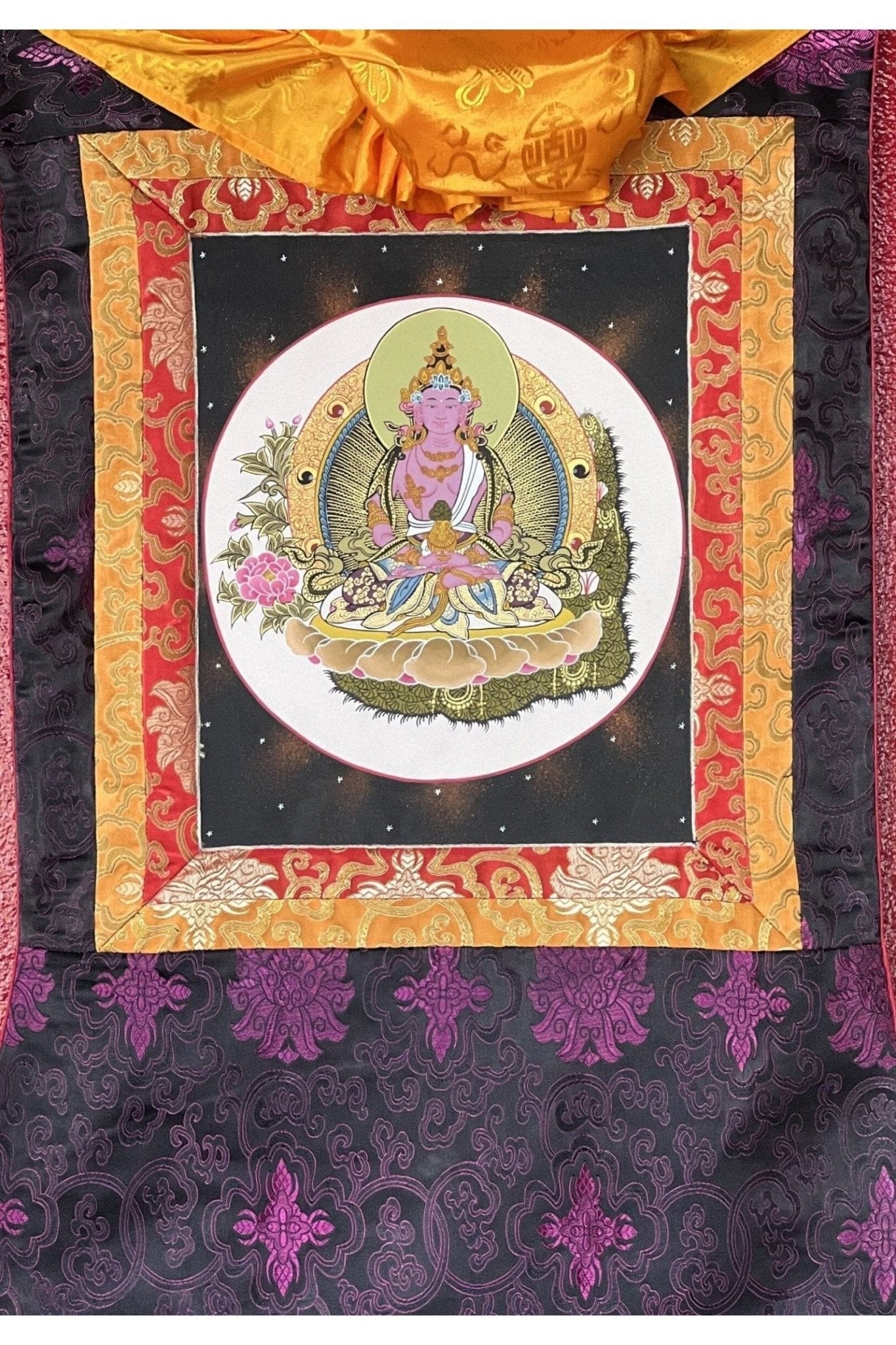 Original Hand Painted Amitayus/Amitabha Buddha/ Pure Land (Sukhavati) Tibetan Thangka Painting/ Wall Hanging with Silk Brocade - Tibetan Thangka Art