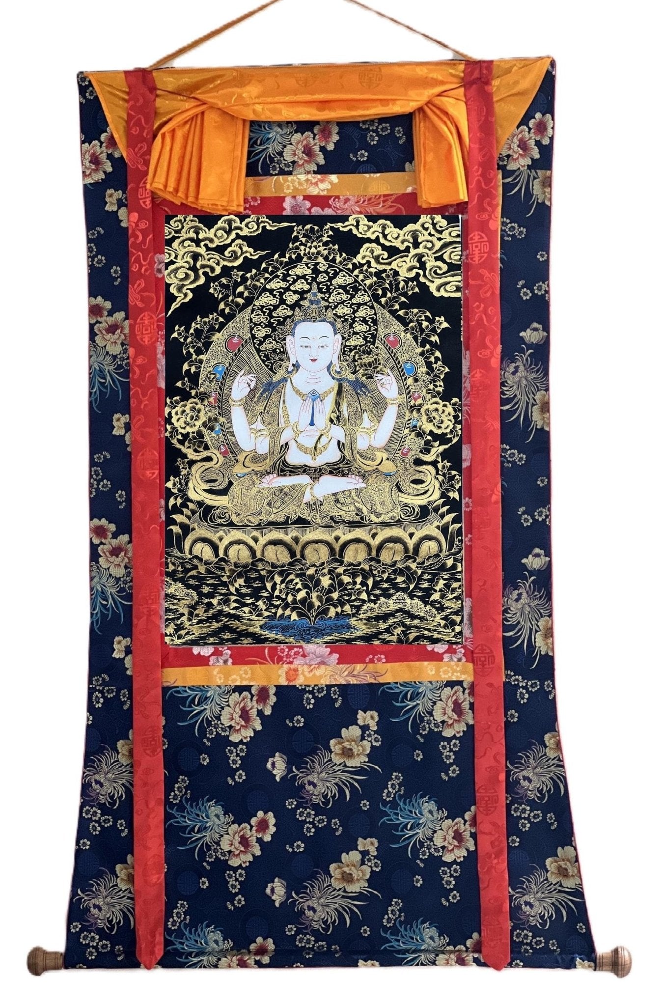 Original Hand Painted Avalokiteshvara/ Chenrezig/ Bodhisattva of Compassion / Tibetan Thangka Painting for Sacred Space with Silk Brocade - Tibetan Thangka Art