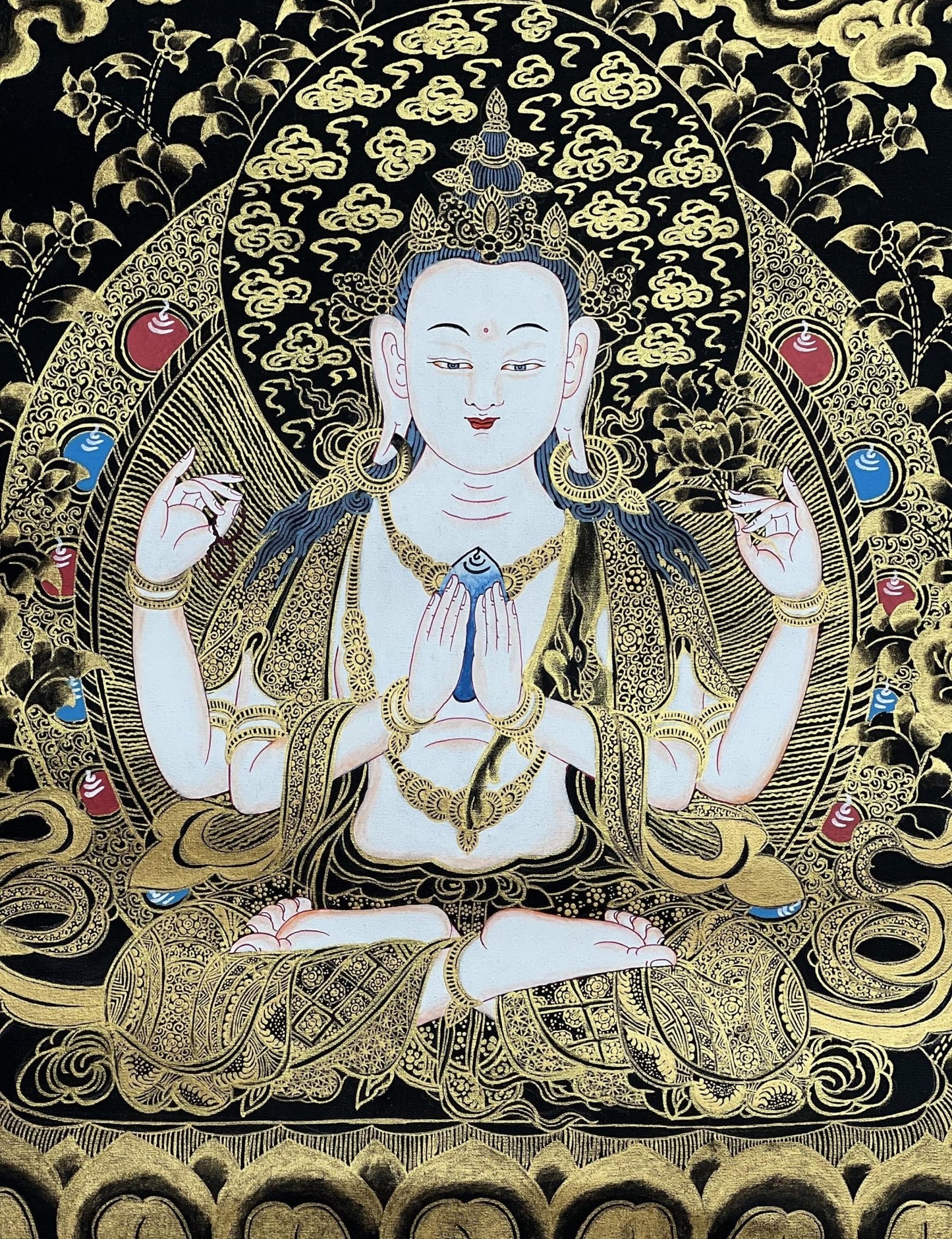 Original Hand Painted Avalokiteshvara/ Chenrezig/ Bodhisattva of Compassion / Tibetan Thangka Painting for Sacred Space with Silk Brocade - Tibetan Thangka Art