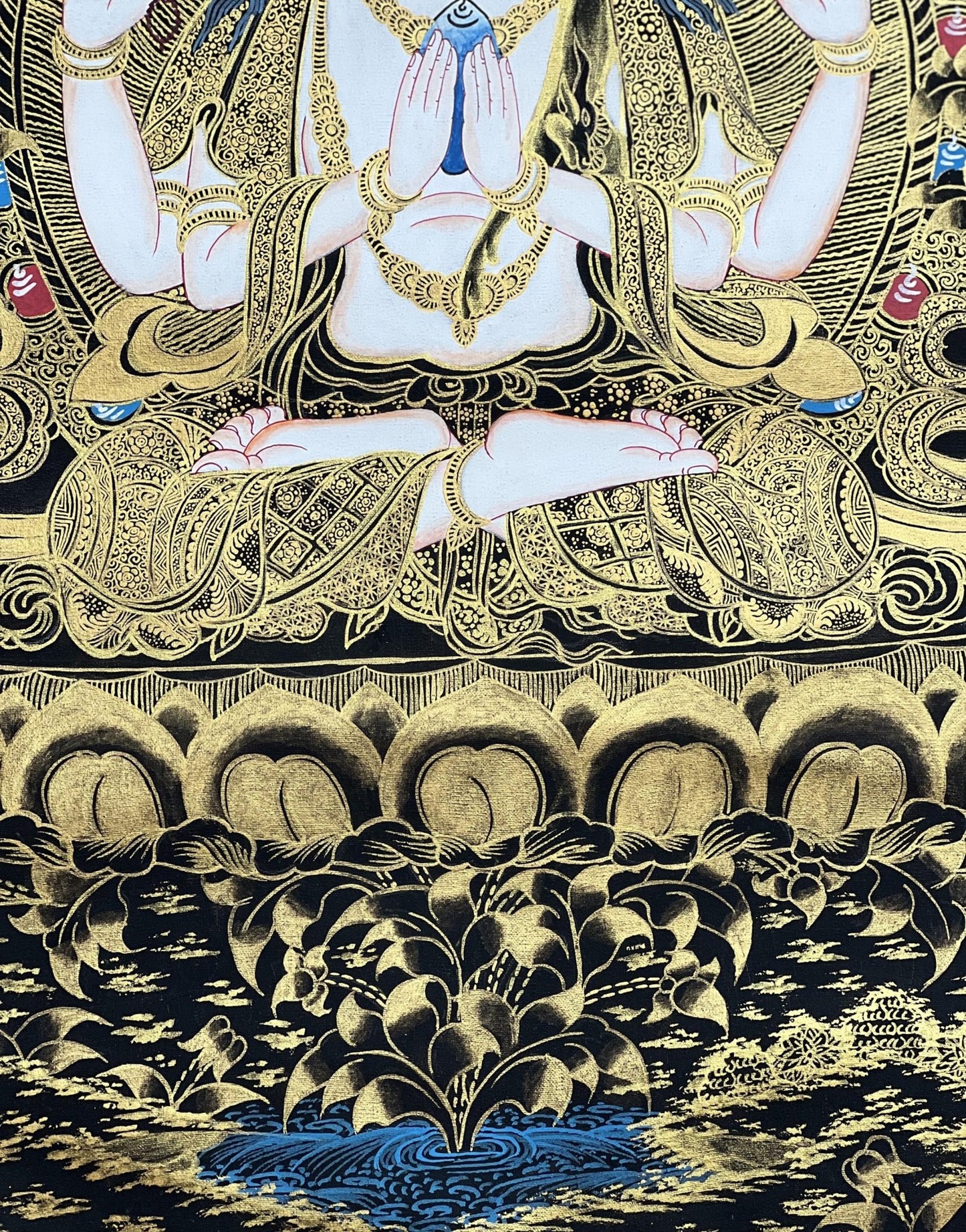 Original Hand Painted Avalokiteshvara/ Chenrezig/ Bodhisattva of Compassion / Tibetan Thangka Painting for Sacred Space with Silk Brocade - Tibetan Thangka Art