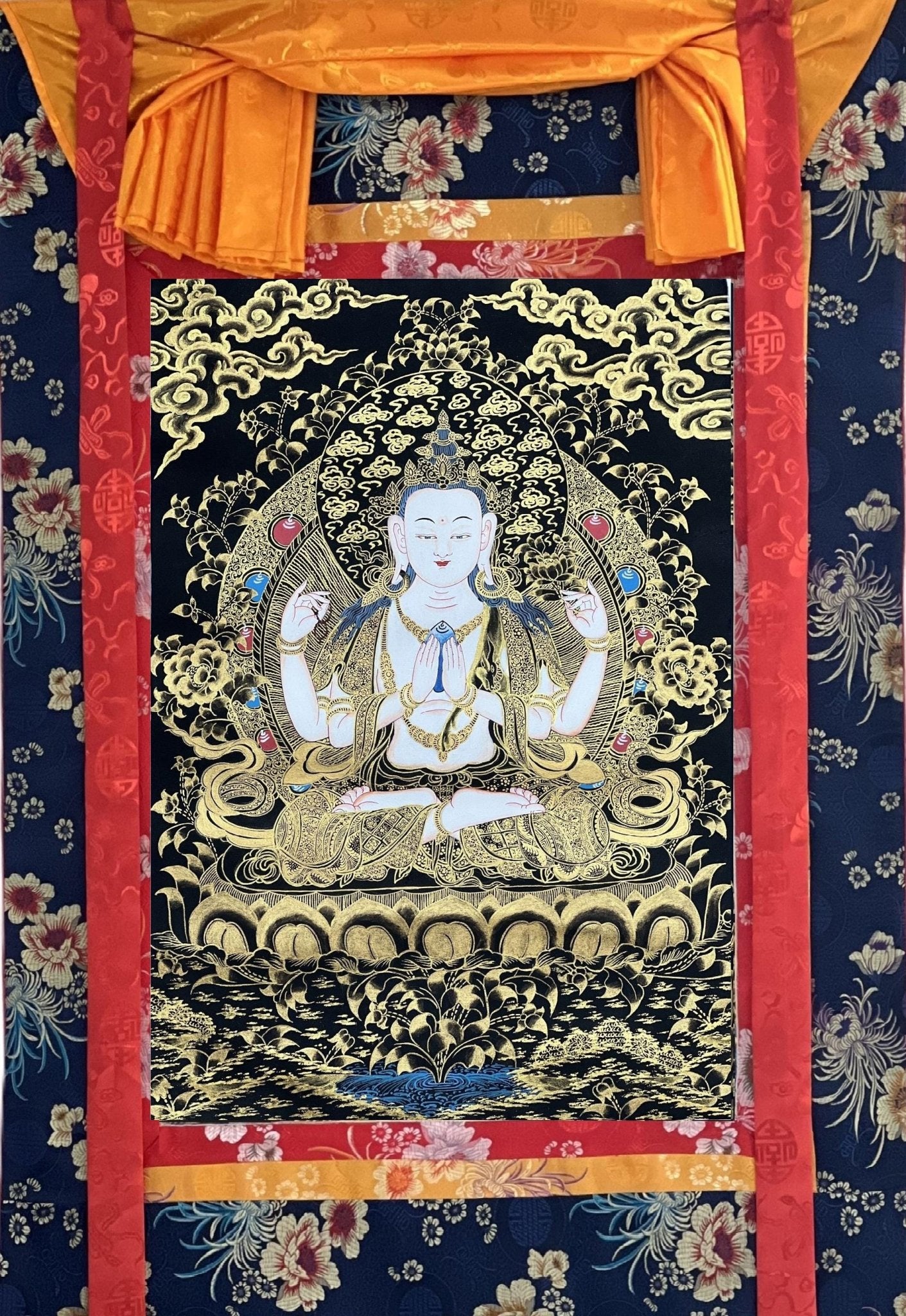 Original Hand Painted Avalokiteshvara/ Chenrezig/ Bodhisattva of Compassion / Tibetan Thangka Painting for Sacred Space with Silk Brocade - Tibetan Thangka Art