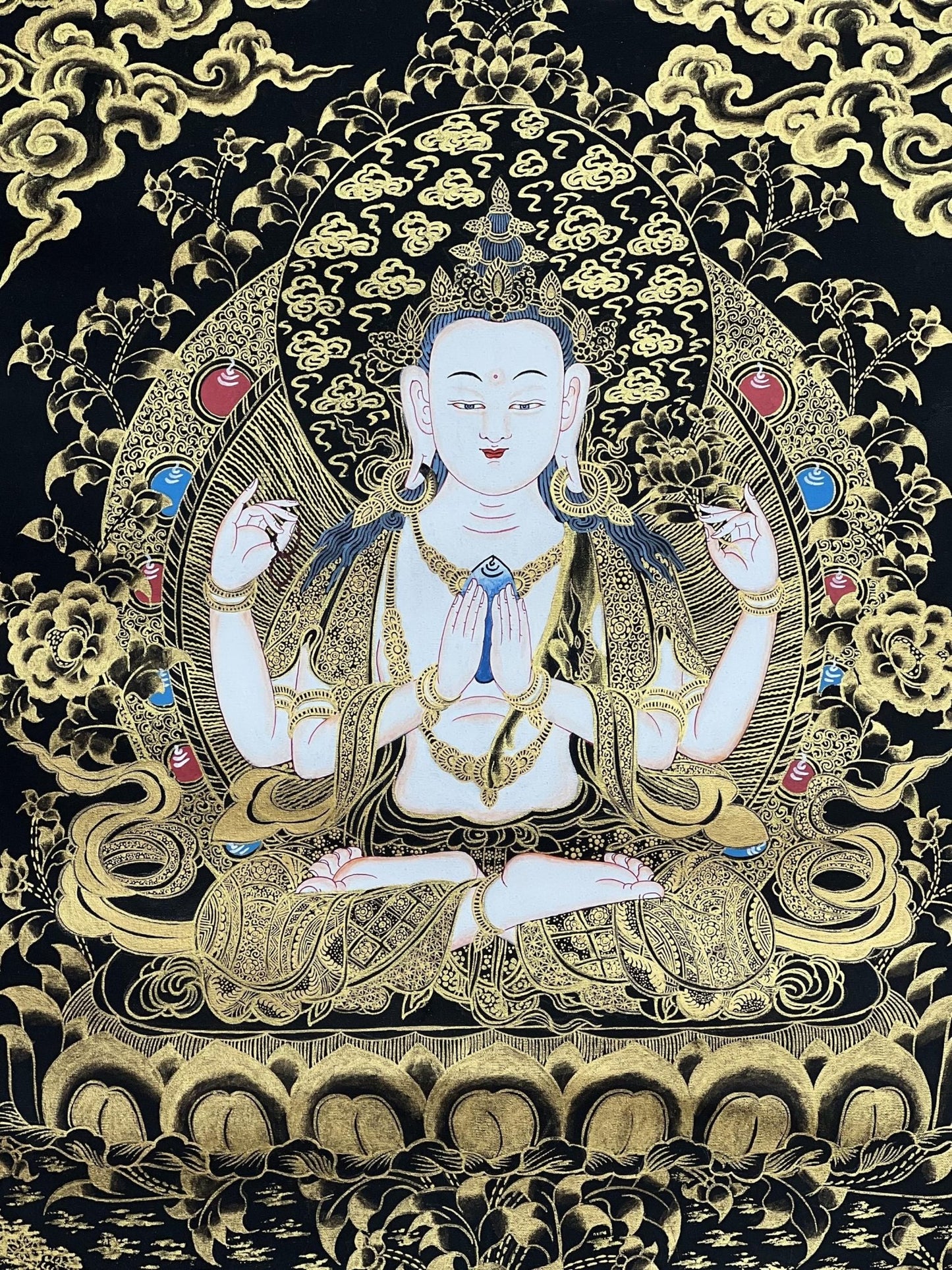 Original Hand Painted Avalokiteshvara/ Chenrezig/ Bodhisattva of Compassion / Tibetan Thangka Painting for Sacred Space with Silk Brocade - Tibetan Thangka Art