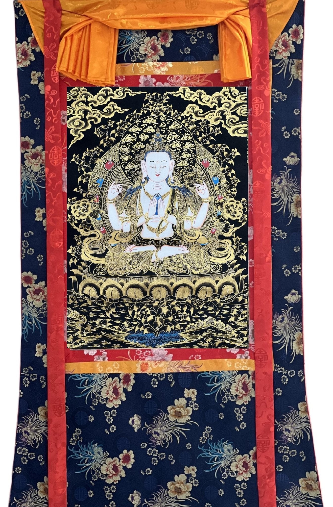 Original Hand Painted Avalokiteshvara/ Chenrezig/ Bodhisattva of Compassion / Tibetan Thangka Painting for Sacred Space with Silk Brocade - Tibetan Thangka Art