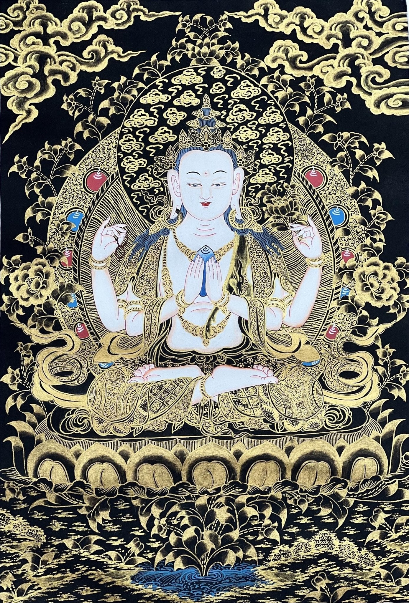 Original Hand Painted Avalokiteshvara/ Chenrezig/ Bodhisattva of Compassion / Tibetan Thangka Painting for Sacred Space with Silk Brocade - Tibetan Thangka Art