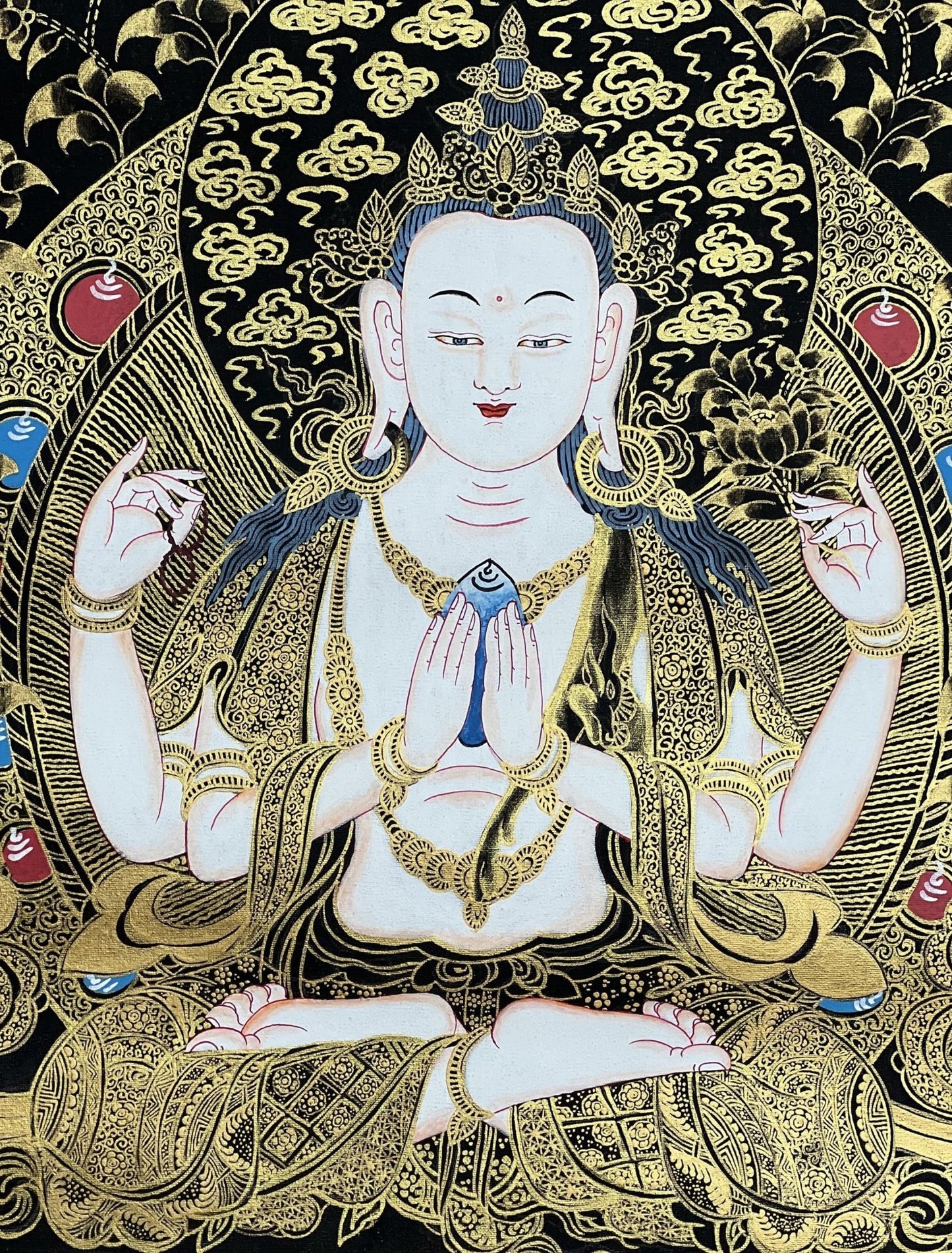 Original Hand Painted Avalokiteshvara/ Chenrezig/ Bodhisattva of Compassion / Tibetan Thangka Painting for Sacred Space with Silk Brocade - Tibetan Thangka Art