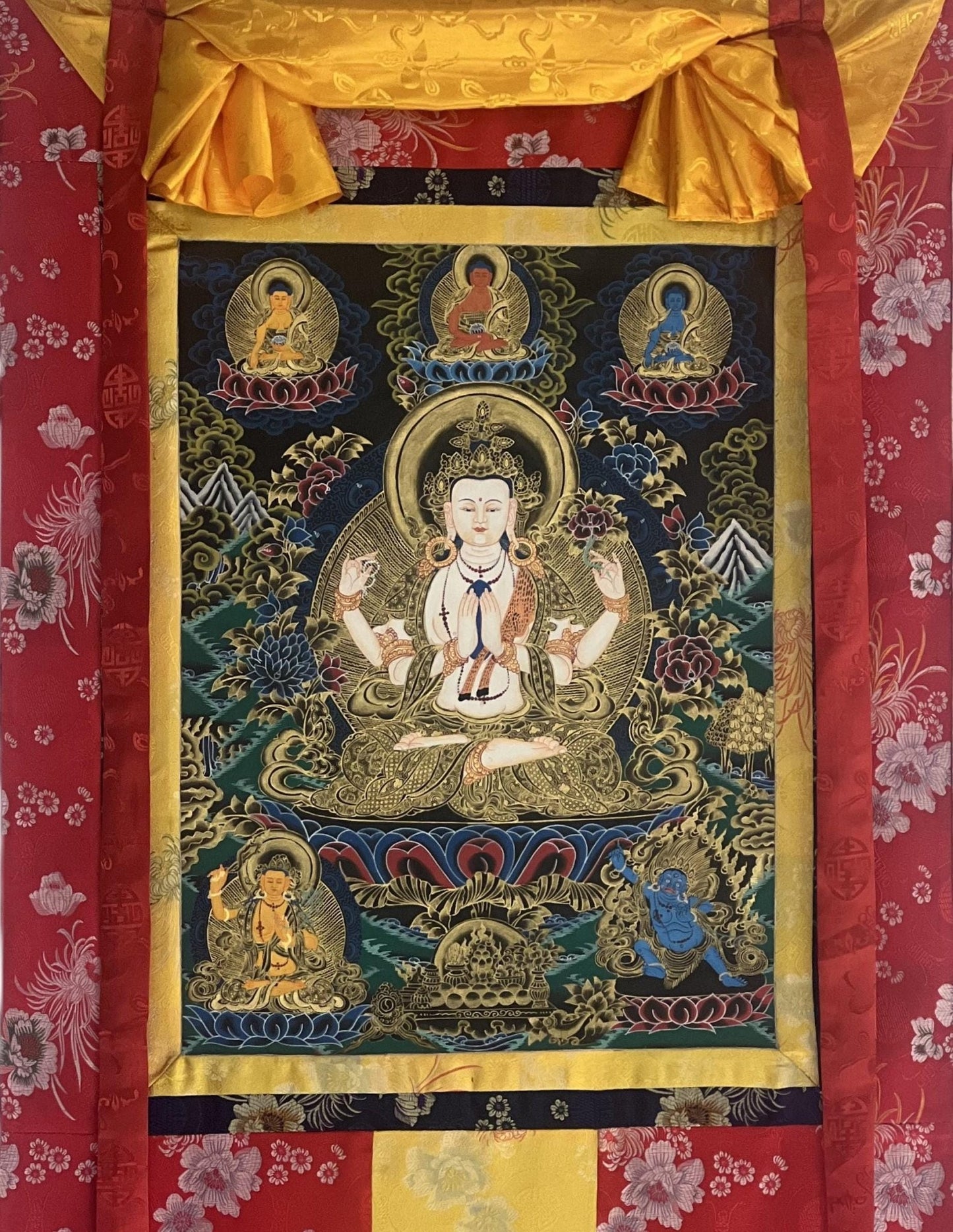 Original Hand Painted Avalokiteshvara/ Chenrezig Compassion / Meditation Tibetan Thangka Painting with Silk Brocade - Tibetan Thangka Art