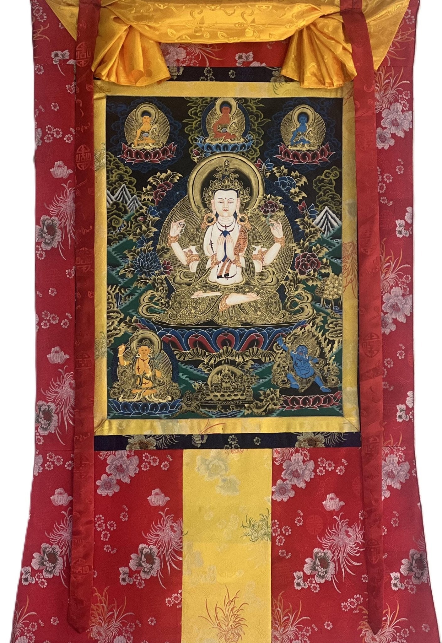 Original Hand Painted Avalokiteshvara/ Chenrezig Compassion / Meditation Tibetan Thangka Painting with Silk Brocade - Tibetan Thangka Art