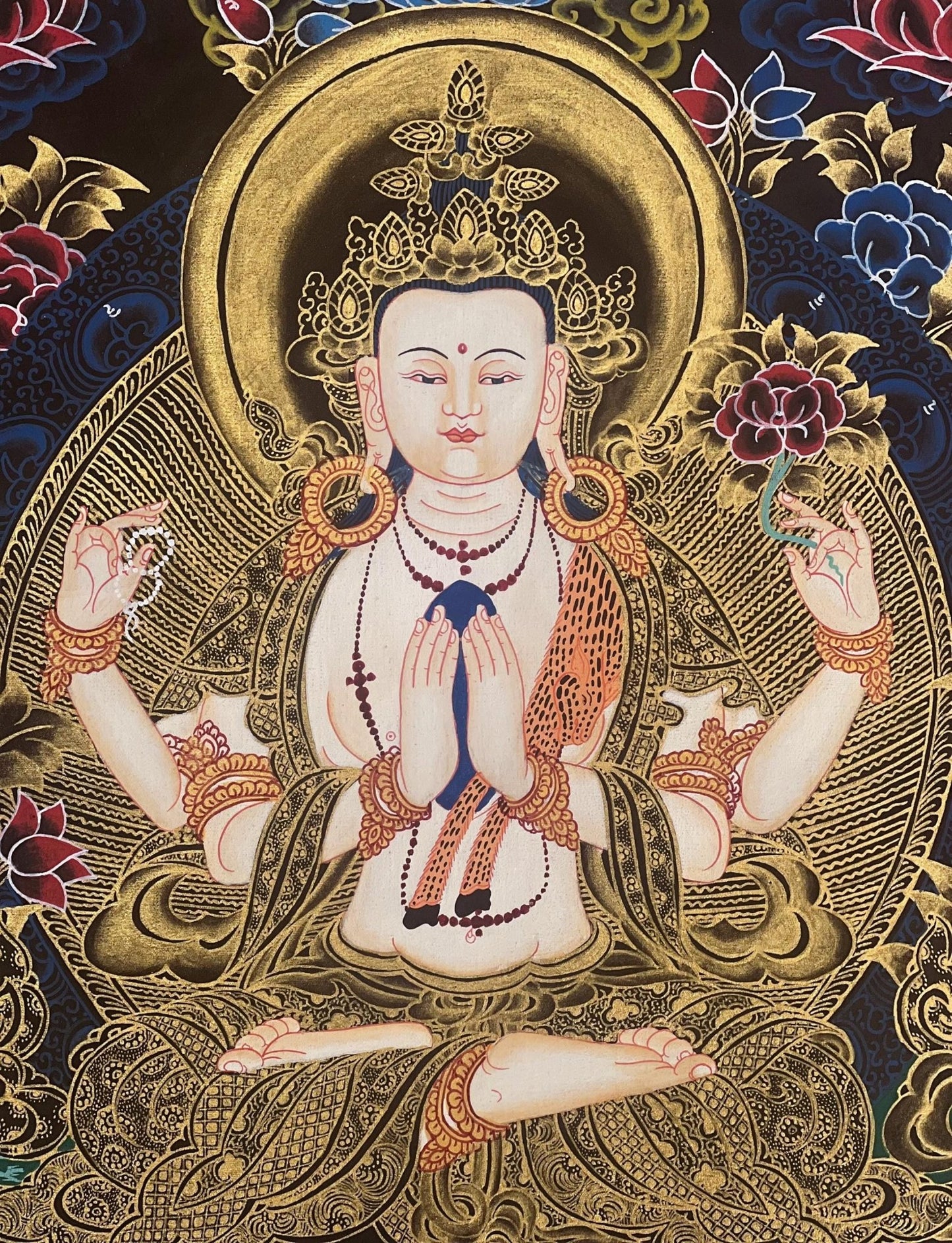 Original Hand Painted Avalokiteshvara/ Chenrezig Compassion / Meditation Tibetan Thangka Painting with Silk Brocade - Tibetan Thangka Art