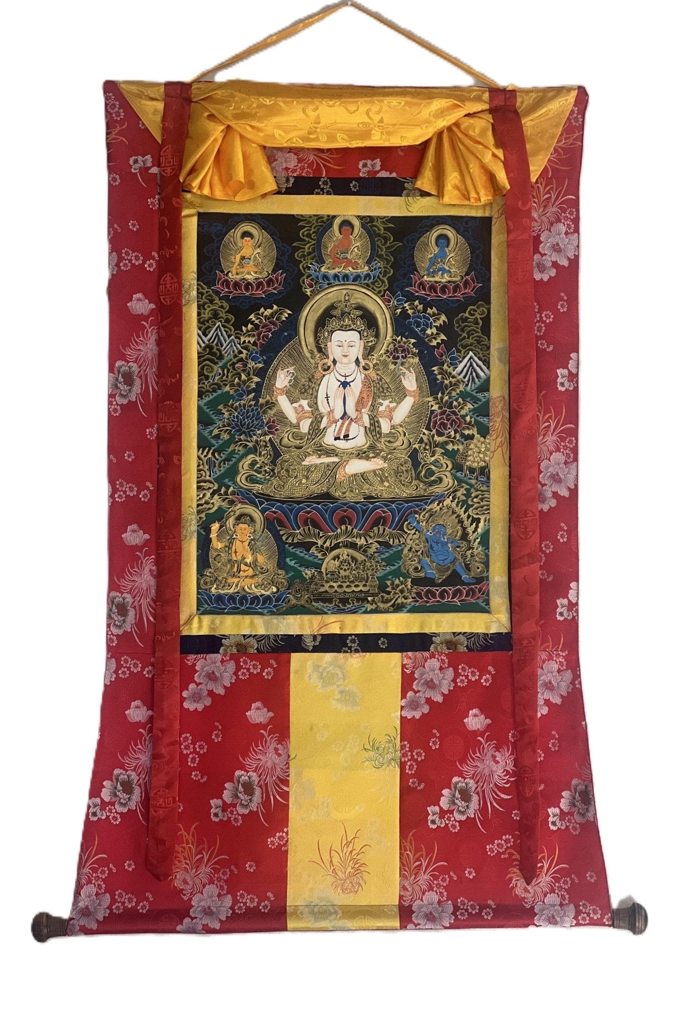 Original Hand Painted Avalokiteshvara/ Chenrezig Compassion / Meditation Tibetan Thangka Painting with Silk Brocade - Tibetan Thangka Art