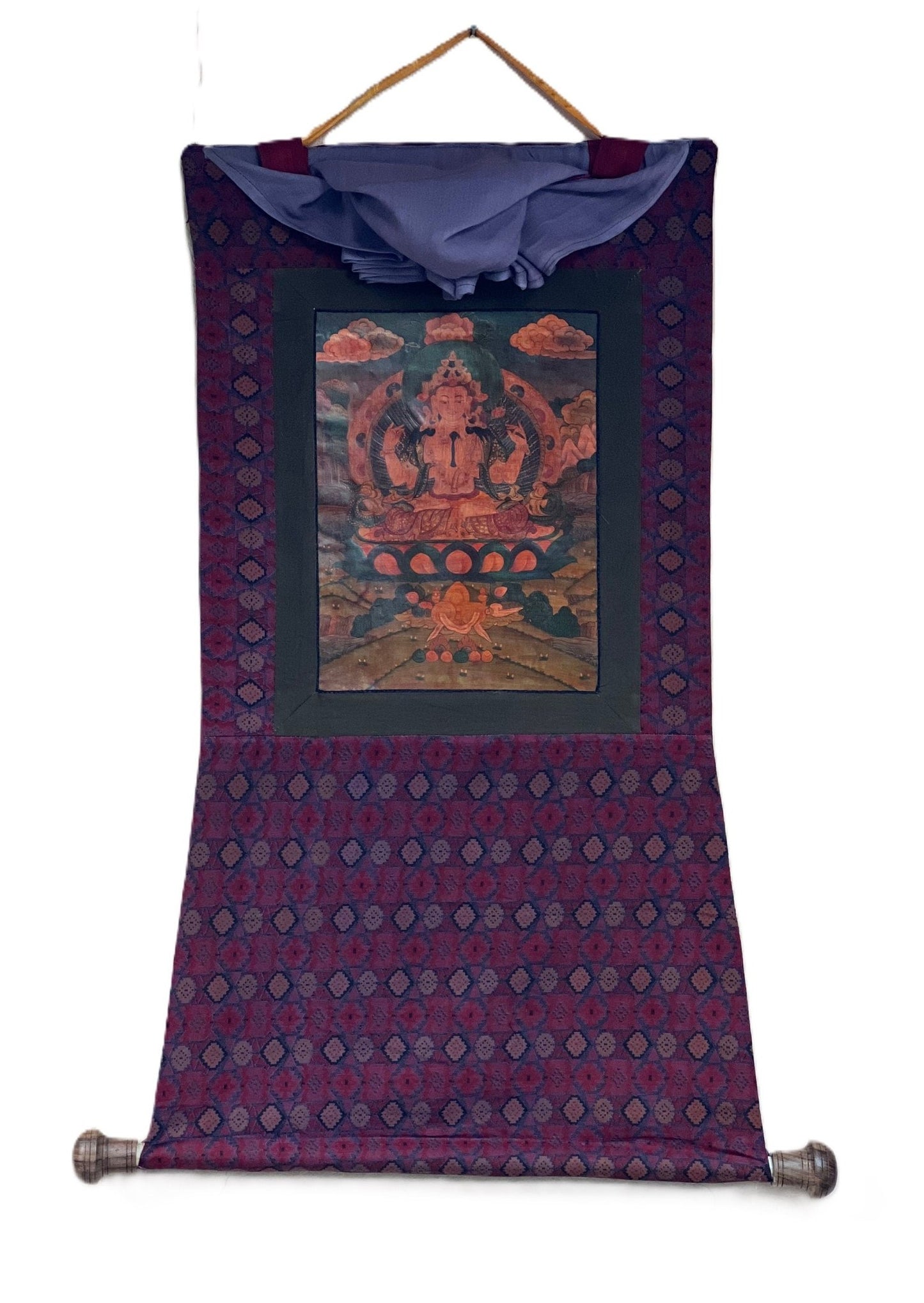 Original Hand Painted Avalokiteshvara / Chenrezig/Chyangresi OLD OIL - VARNISHED Tibetan Thangka Painting with Premium Cotton Brocade - Tibetan Thangka Art