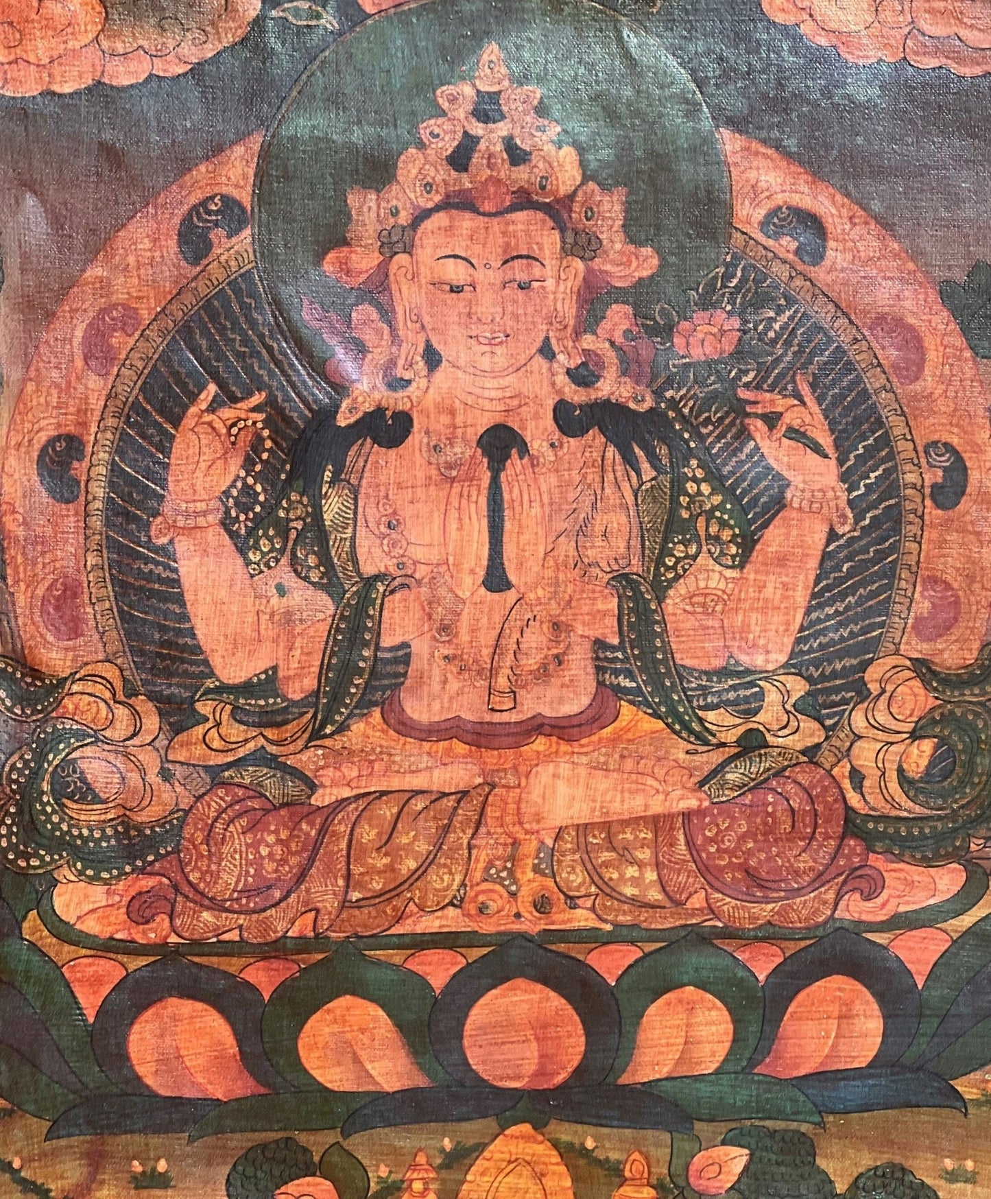Original Hand Painted Avalokiteshvara / Chenrezig/Chyangresi OLD OIL - VARNISHED Tibetan Thangka Painting with Premium Cotton Brocade - Tibetan Thangka Art