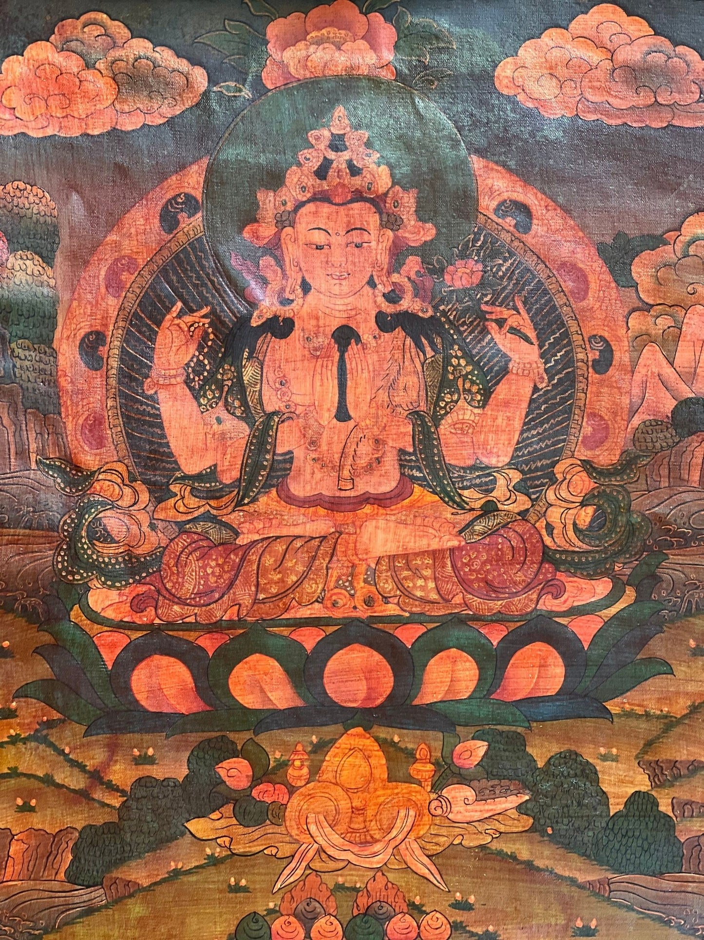 Original Hand Painted Avalokiteshvara / Chenrezig/Chyangresi OLD OIL - VARNISHED Tibetan Thangka Painting with Premium Cotton Brocade - Tibetan Thangka Art