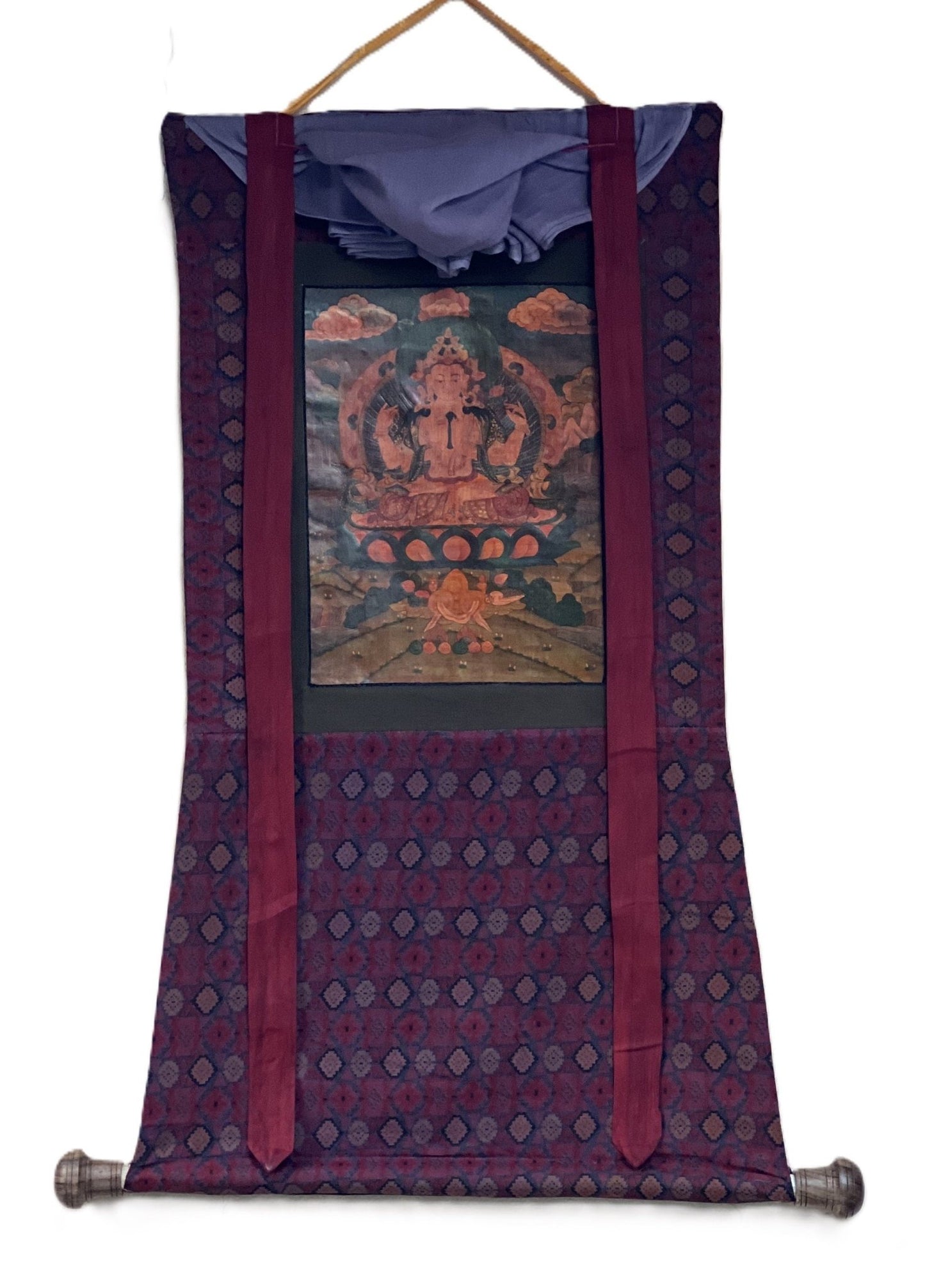 Original Hand Painted Avalokiteshvara / Chenrezig/Chyangresi OLD OIL - VARNISHED Tibetan Thangka Painting with Premium Cotton Brocade - Tibetan Thangka Art