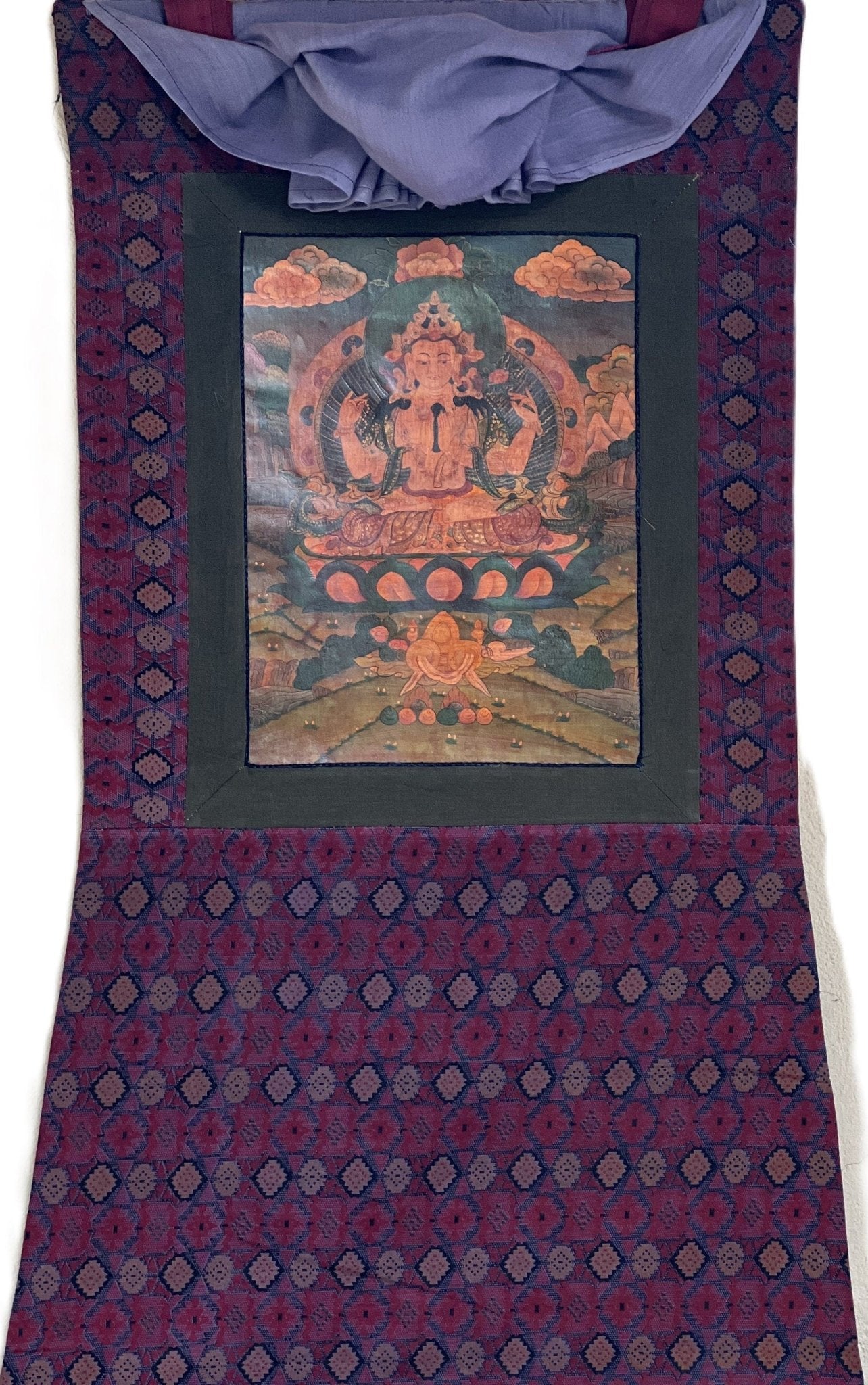 Original Hand Painted Avalokiteshvara / Chenrezig/Chyangresi OLD OIL - VARNISHED Tibetan Thangka Painting with Premium Cotton Brocade - Tibetan Thangka Art