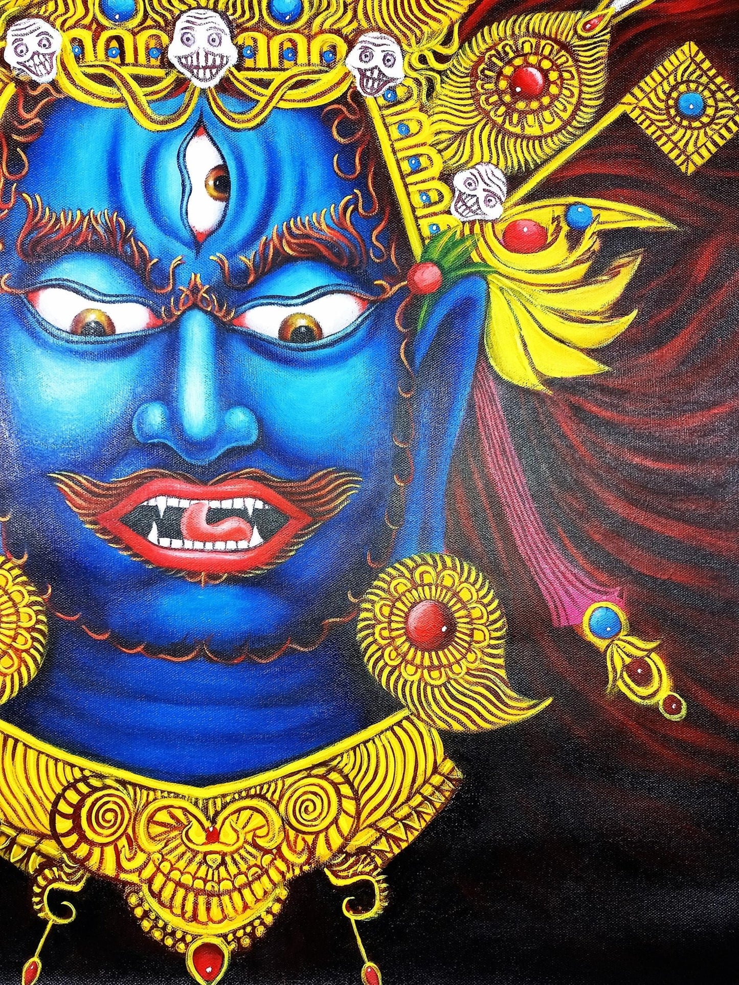 Original Hand - painted Bhairava Face High - Quality Masterpiece Acrylic On Canvas Painting - Tibetan Thangka Art