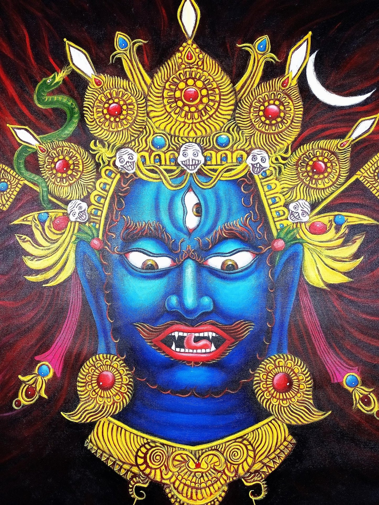 Original Hand - painted Bhairava Face High - Quality Masterpiece Acrylic On Canvas Painting - Tibetan Thangka Art