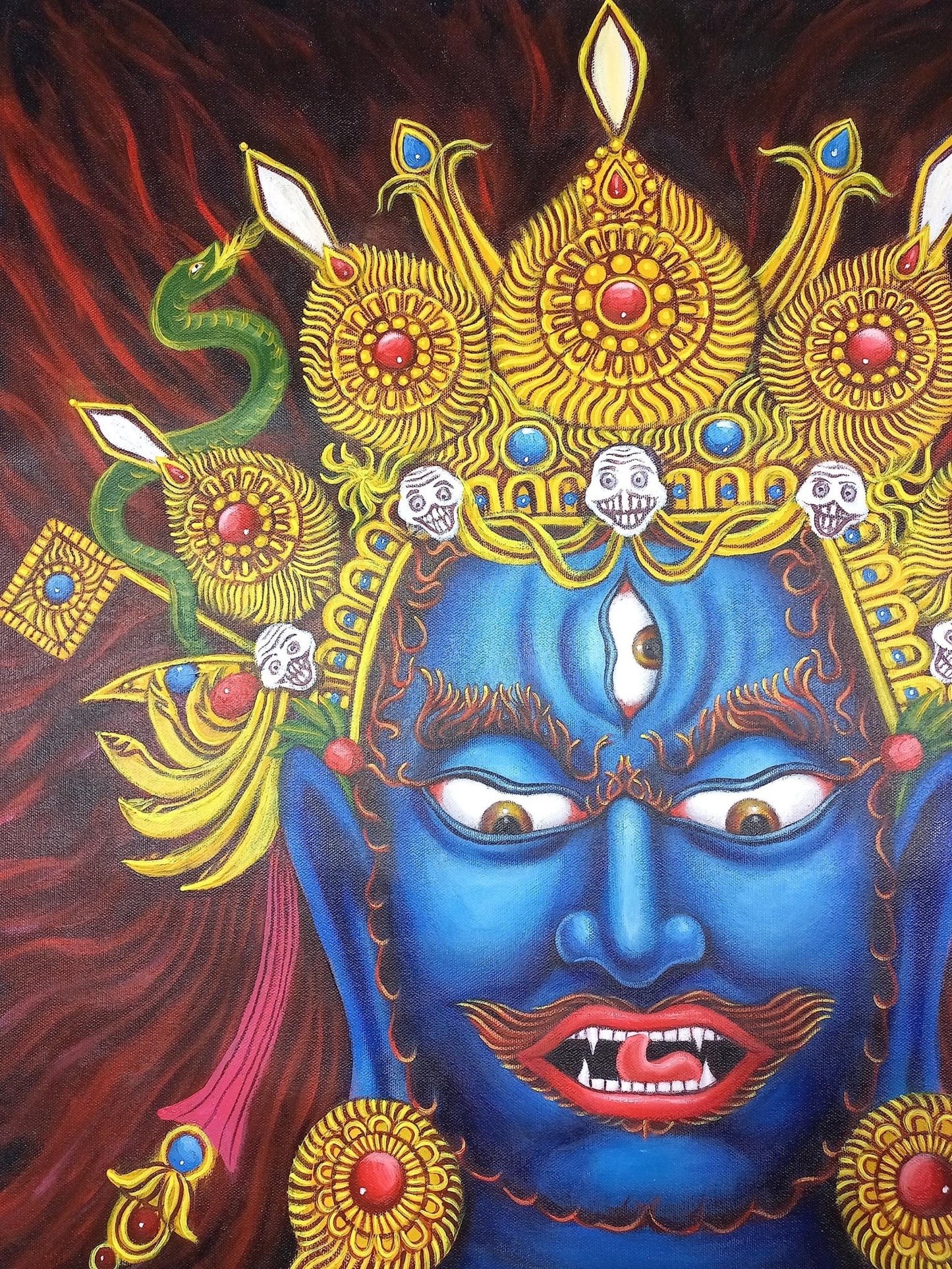 Original Hand - painted Bhairava Face High - Quality Masterpiece Acrylic On Canvas Painting - Tibetan Thangka Art
